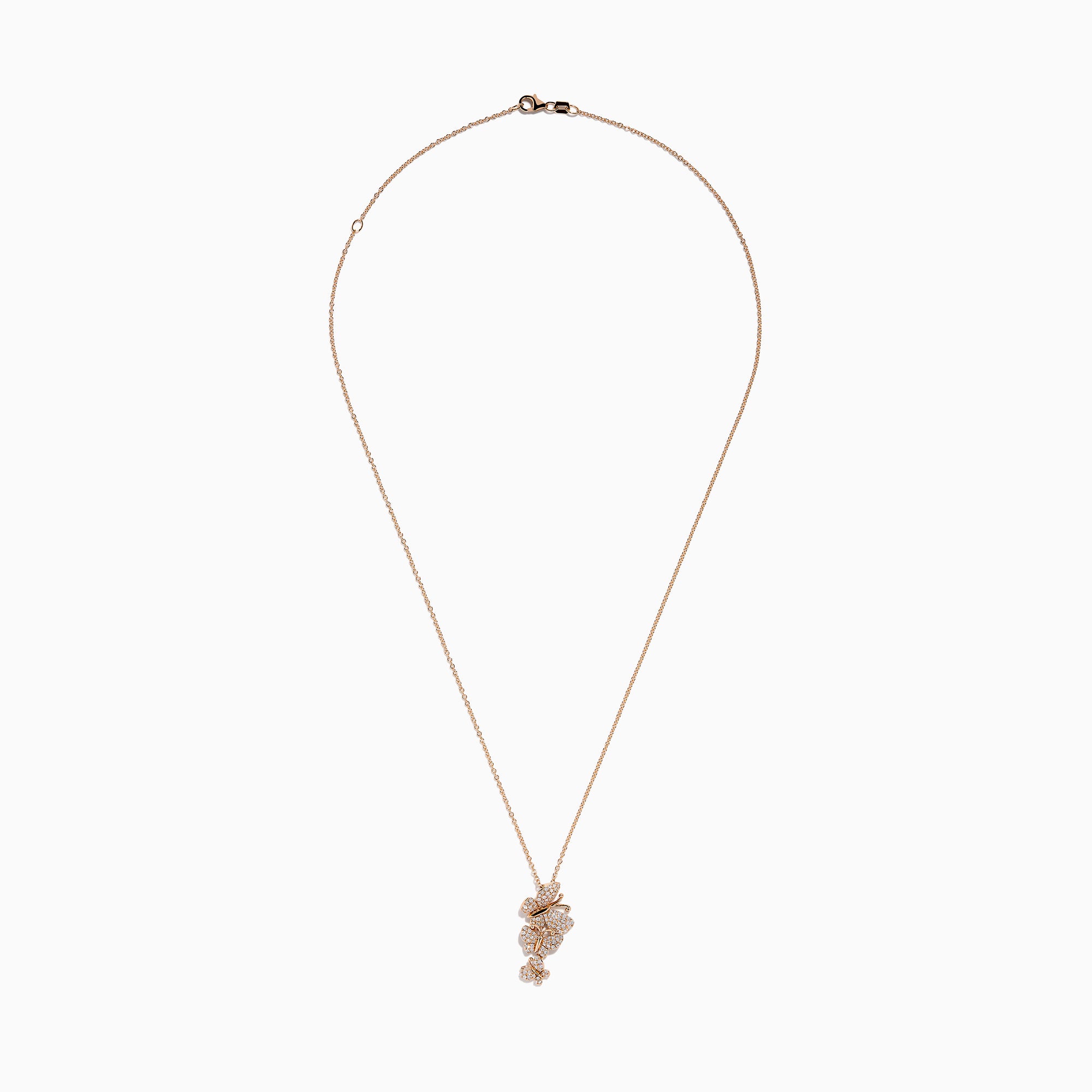 The Pave Rose 14K Rose Gold Diamond Multi Butterfly Pendant features a rose gold chain with a butterfly pendant adorned with sparkling white diamonds in a cascading design, set against a plain white background.