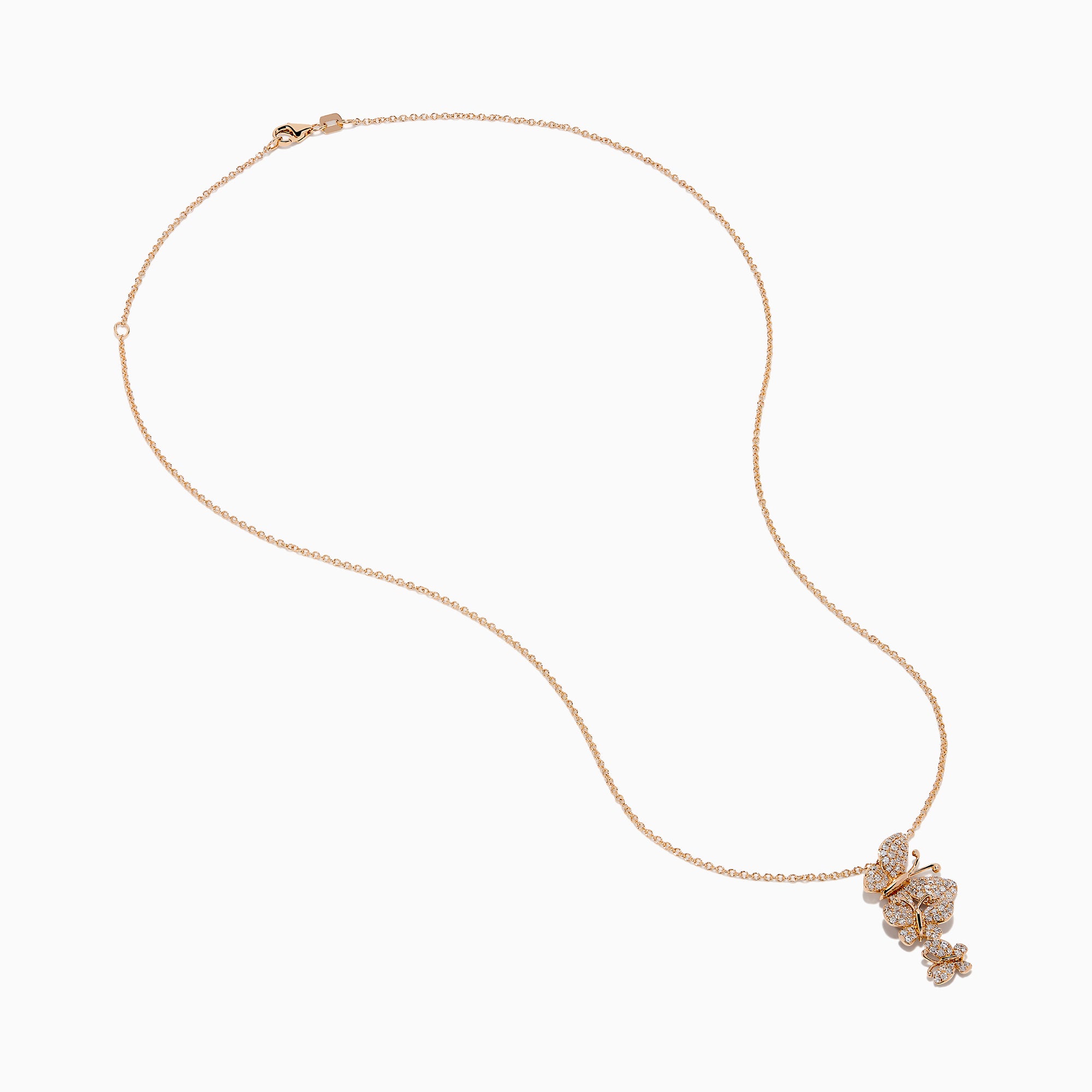 The Pave Rose 14K Rose Gold Diamond Multi Butterfly Pendant features a rose gold chain with a butterfly pendant adorned with sparkling white diamonds in a cascading design, set against a plain white background.