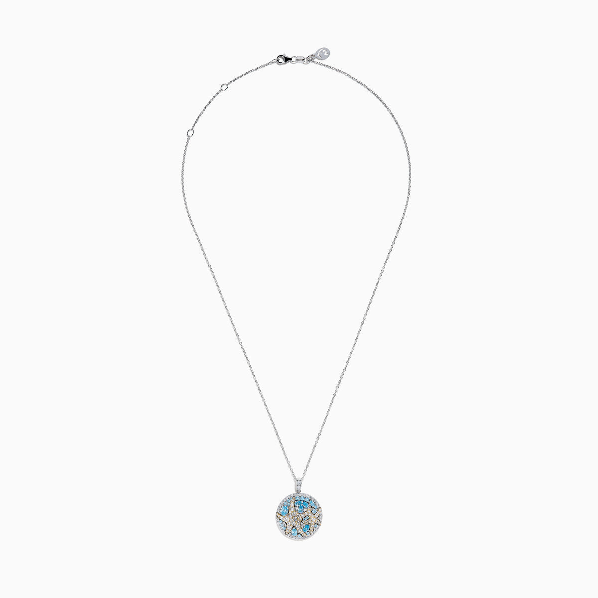 A Lab Grown Blue and White Diamond Starfish Pendant in 14K Two Tone Gold, featuring a round starfish design accented with blue gemstones and lab grown diamonds.