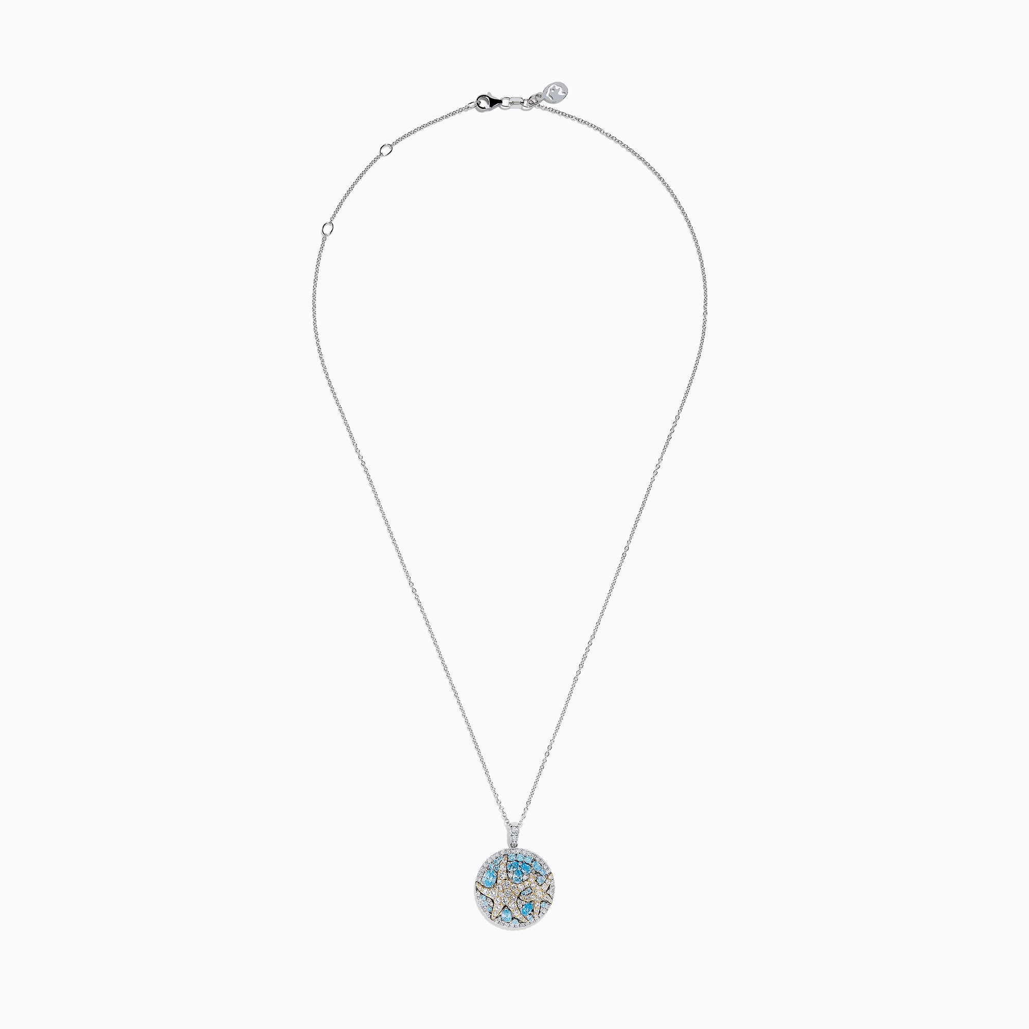 A Lab Grown Blue and White Diamond Starfish Pendant in 14K Two Tone Gold, featuring a round starfish design accented with blue gemstones and lab grown diamonds.