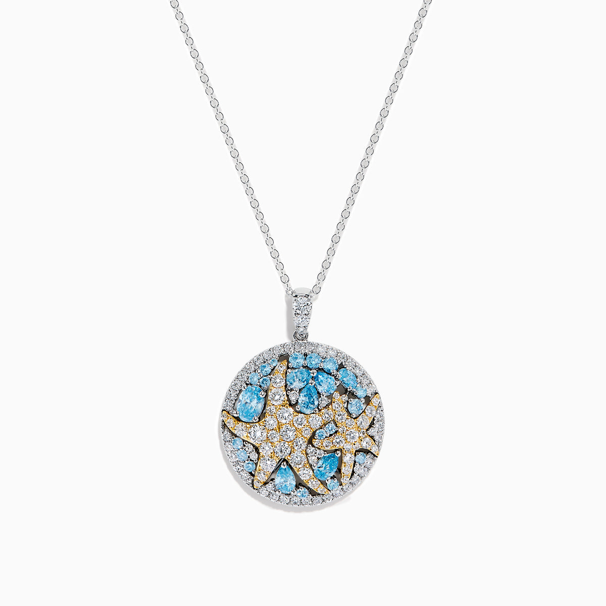 A Lab Grown Blue and White Diamond Starfish Pendant in 14K Two Tone Gold, featuring a round starfish design accented with blue gemstones and lab grown diamonds.
