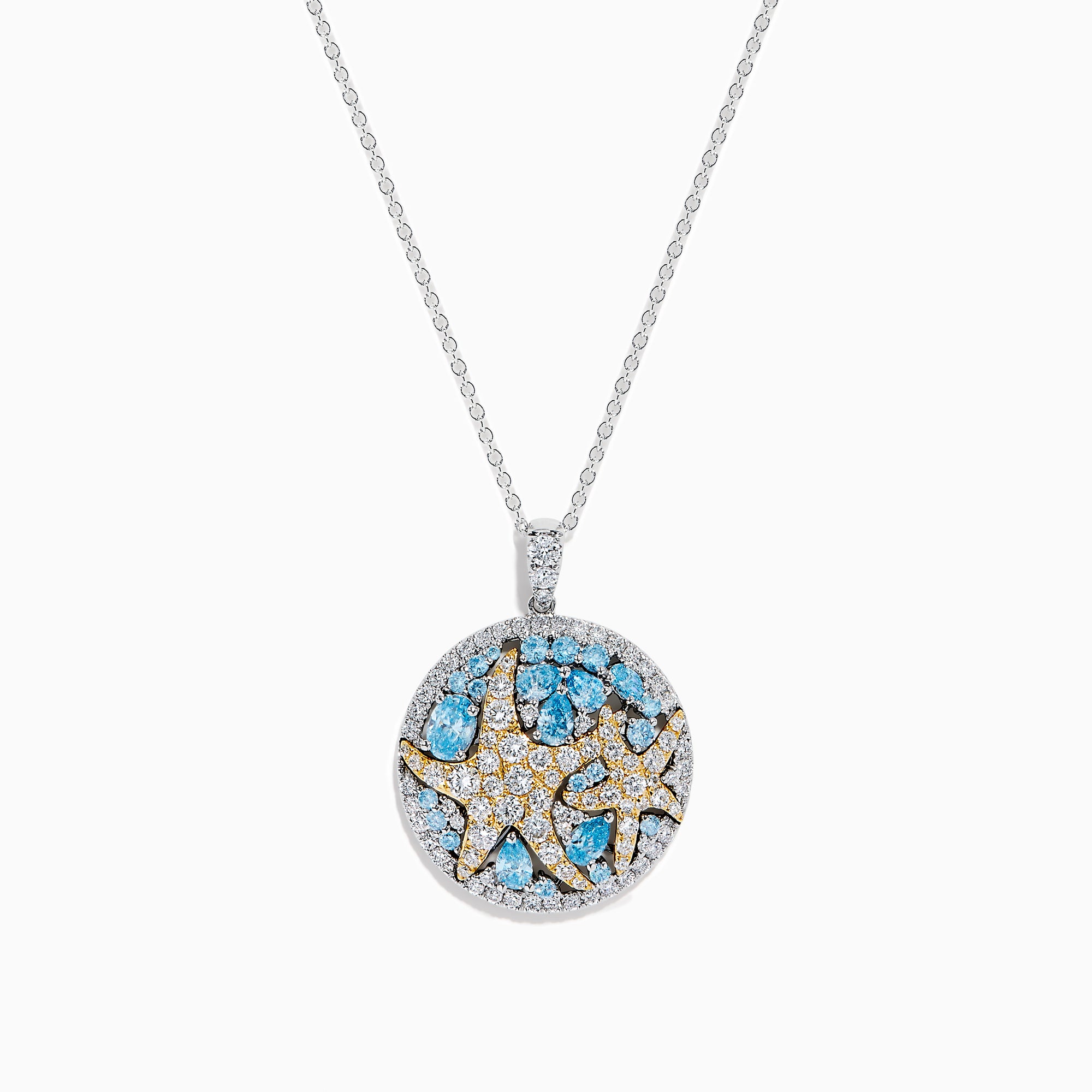 A Lab Grown Blue and White Diamond Starfish Pendant in 14K Two Tone Gold, featuring a round starfish design accented with blue gemstones and lab grown diamonds.