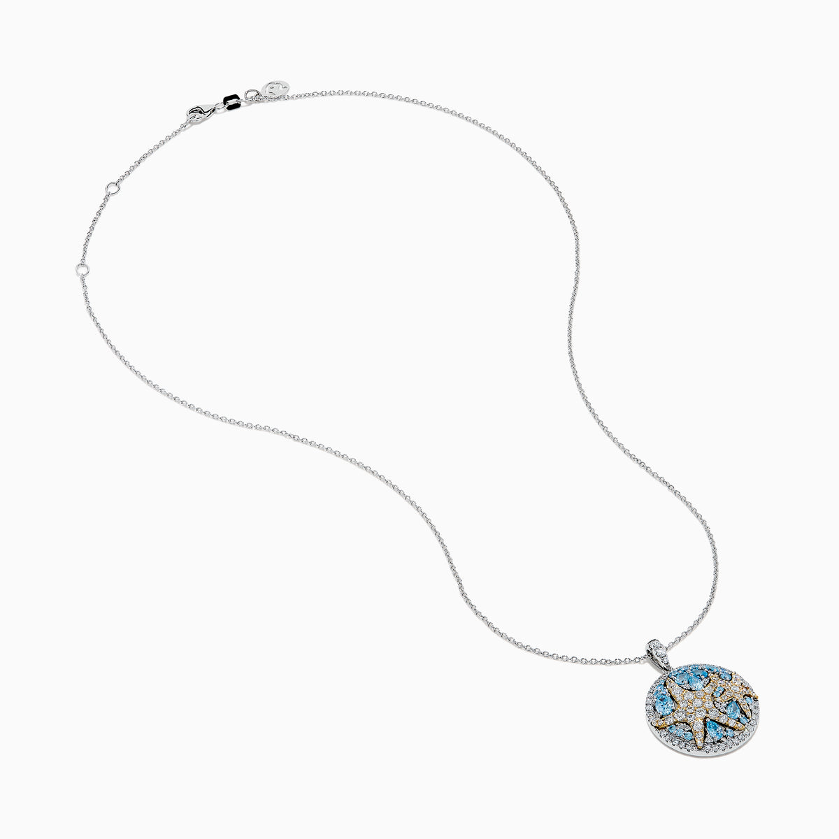 A Lab Grown Blue and White Diamond Starfish Pendant in 14K Two Tone Gold, featuring a round starfish design accented with blue gemstones and lab grown diamonds.
