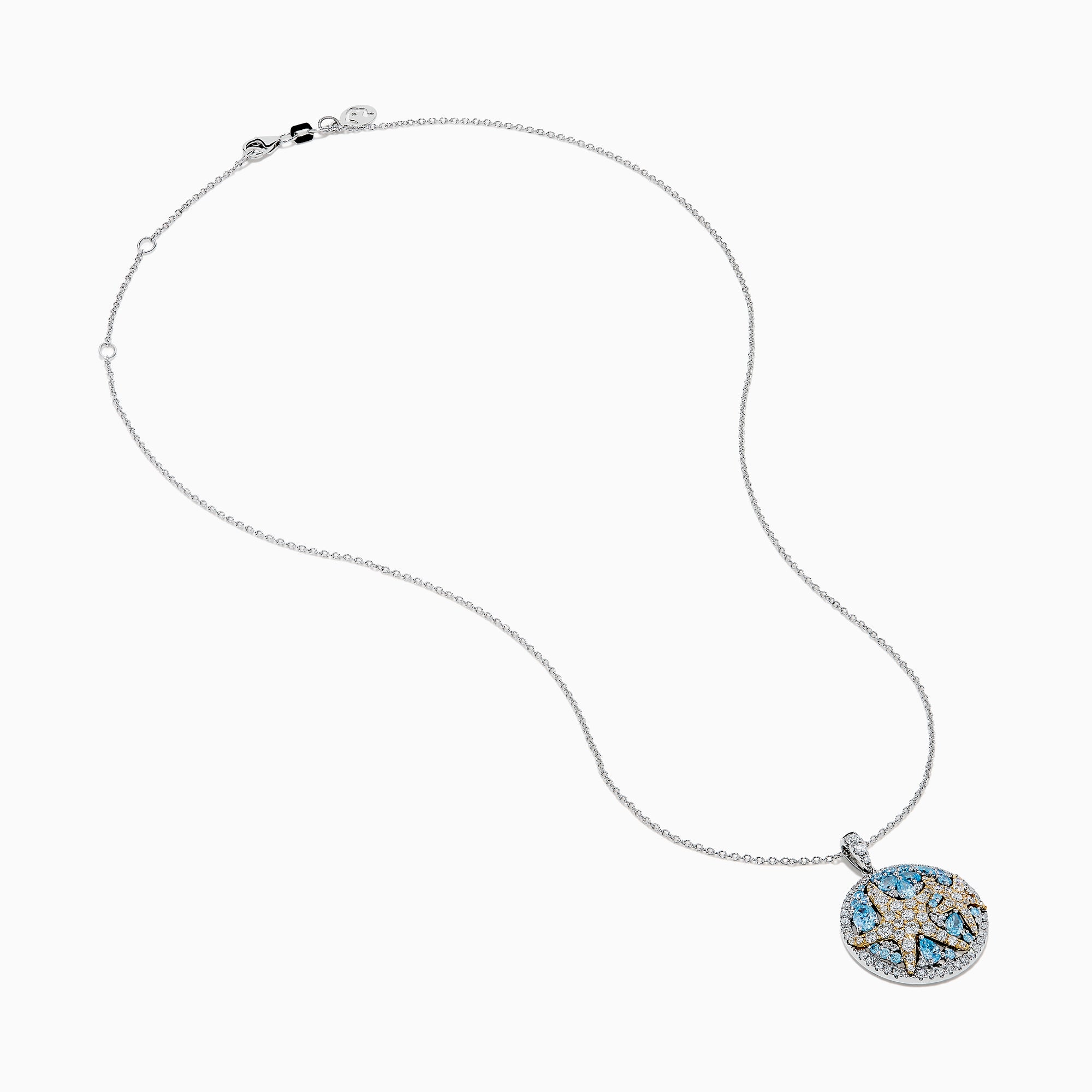 A Lab Grown Blue and White Diamond Starfish Pendant in 14K Two Tone Gold, featuring a round starfish design accented with blue gemstones and lab grown diamonds.