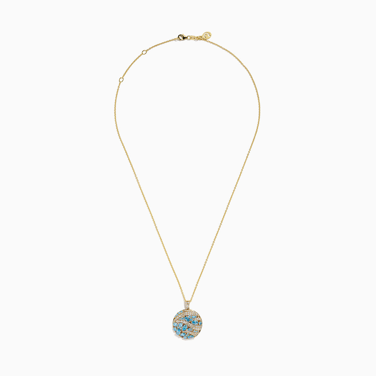 The Lab Grown Blue and White Diamond Coin Pendant in 14K Yellow Gold features a round design with blue and white diamonds plus clear stones, elegantly arranged in a wavy pattern on a white background.