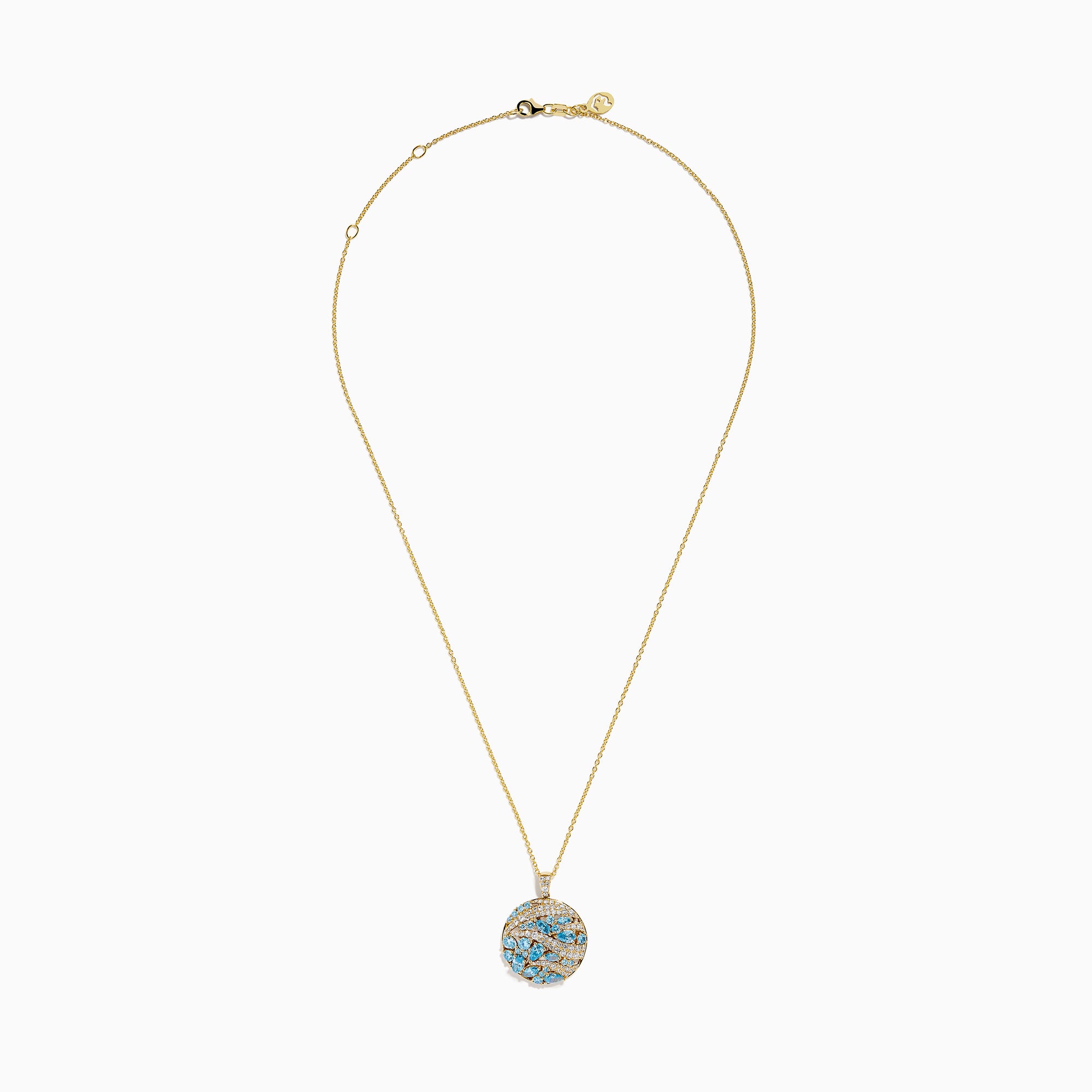 The Lab Grown Blue and White Diamond Coin Pendant in 14K Yellow Gold features a round design with blue and white diamonds plus clear stones, elegantly arranged in a wavy pattern on a white background.