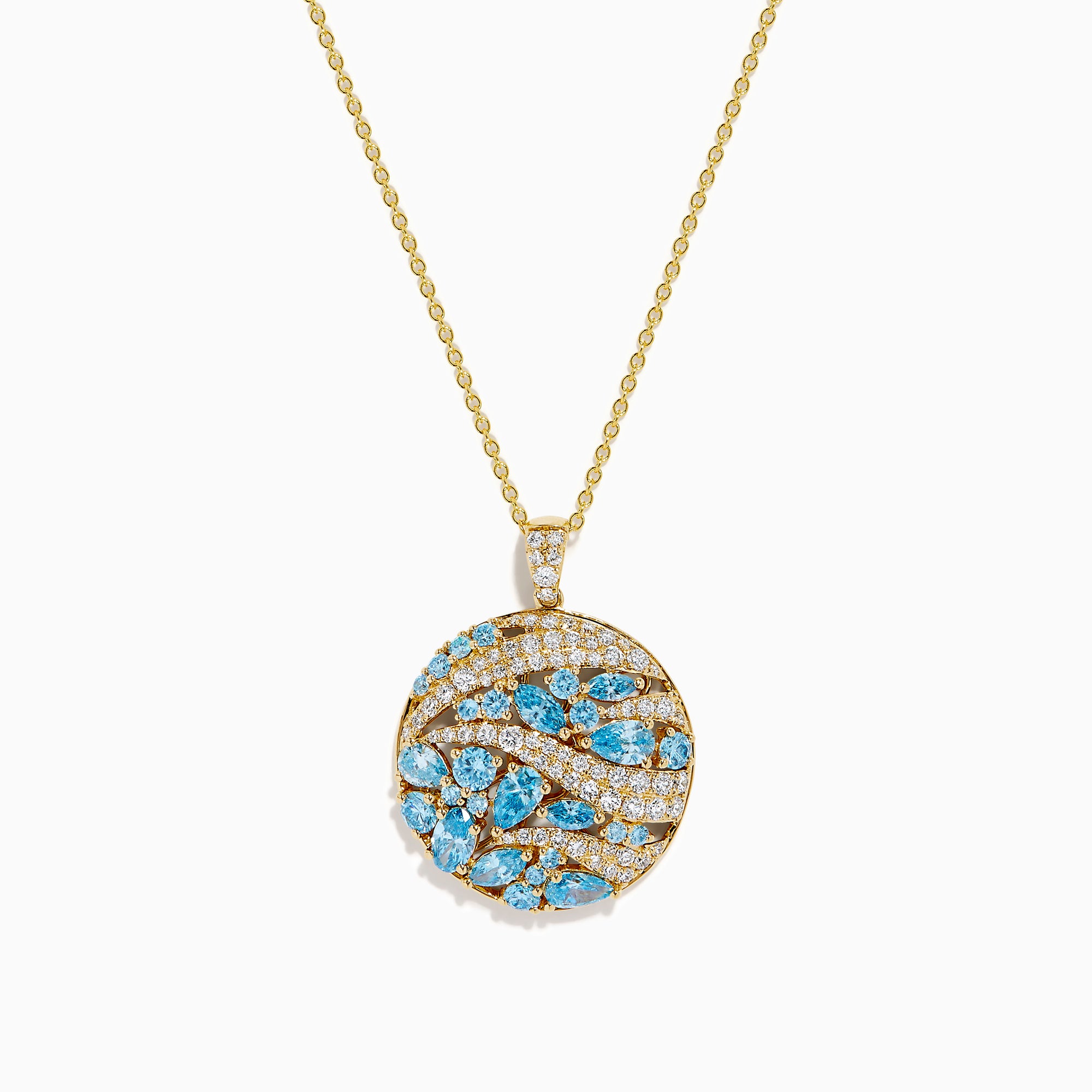 The Lab Grown Blue and White Diamond Coin Pendant in 14K Yellow Gold features a round design with blue and white diamonds plus clear stones, elegantly arranged in a wavy pattern on a white background.