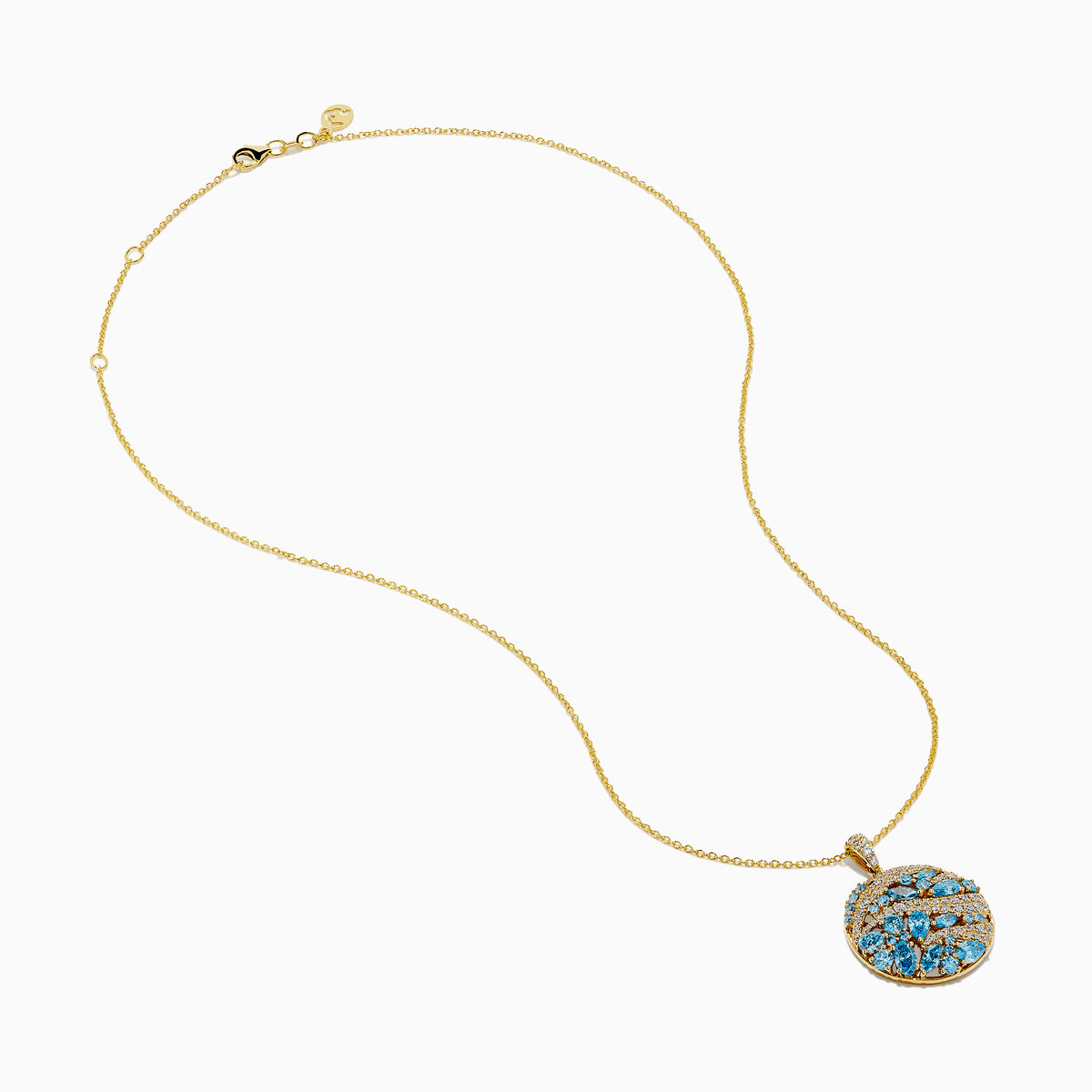 The Lab Grown Blue and White Diamond Coin Pendant in 14K Yellow Gold features a round design with blue and white diamonds plus clear stones, elegantly arranged in a wavy pattern on a white background.