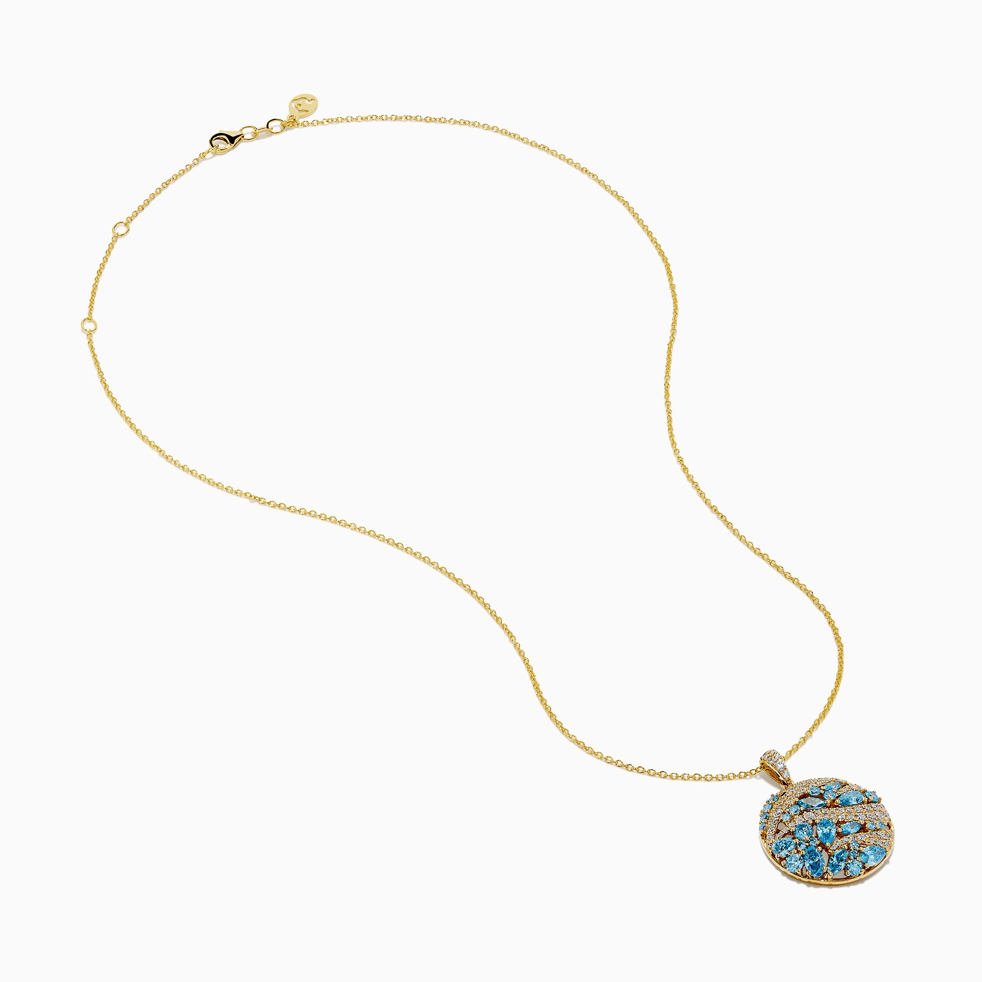 The Lab Grown Blue and White Diamond Coin Pendant in 14K Yellow Gold features a round design with blue and white diamonds plus clear stones, elegantly arranged in a wavy pattern on a white background.