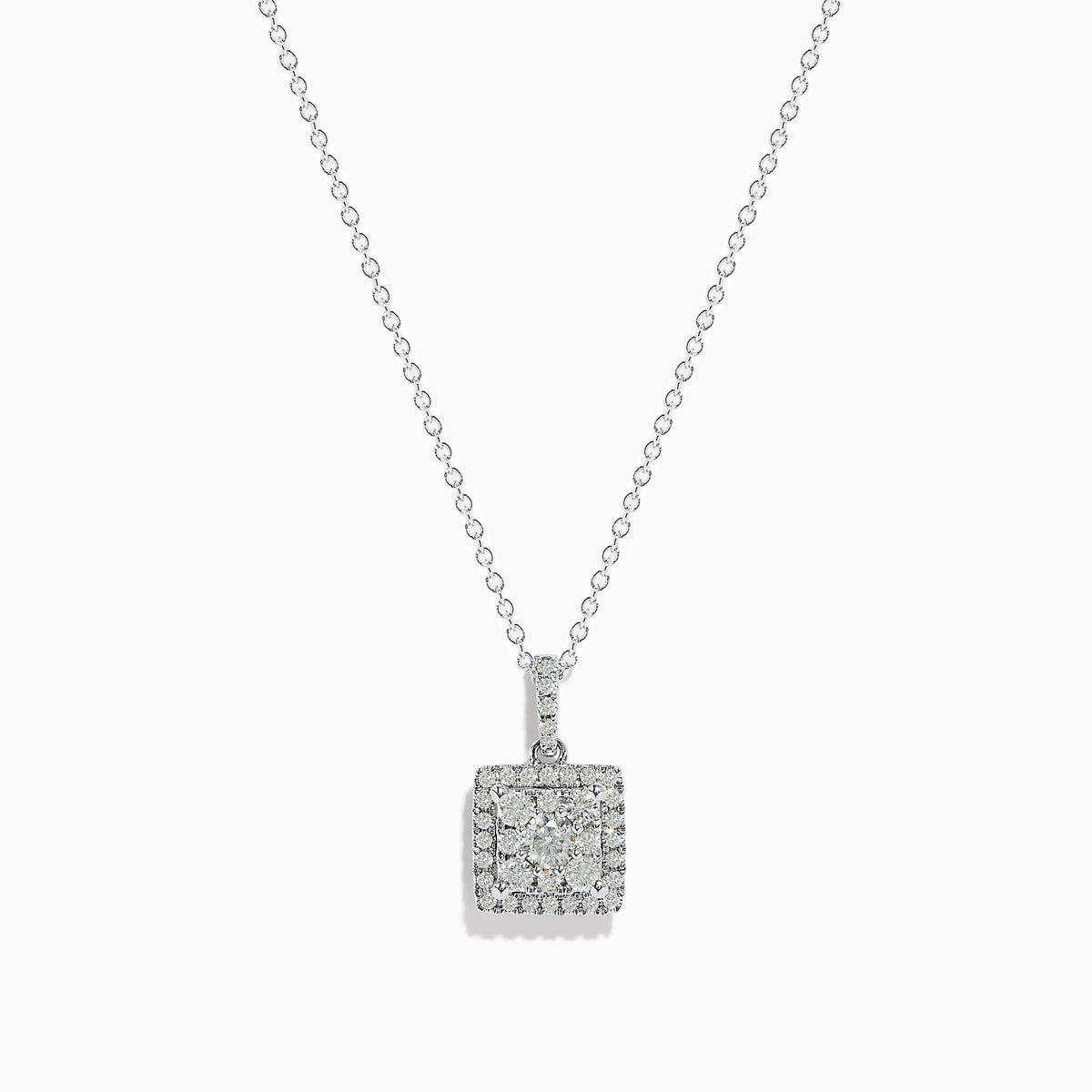 The Bouquet 14K White Gold Square Diamond Cluster Pendant (0.74 TCW) features sparkling diamonds on a silver chain, displayed against a plain white background.