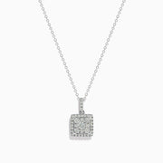 The Bouquet 14K White Gold Square Diamond Cluster Pendant (0.74 TCW) features sparkling diamonds on a silver chain, displayed against a plain white background.