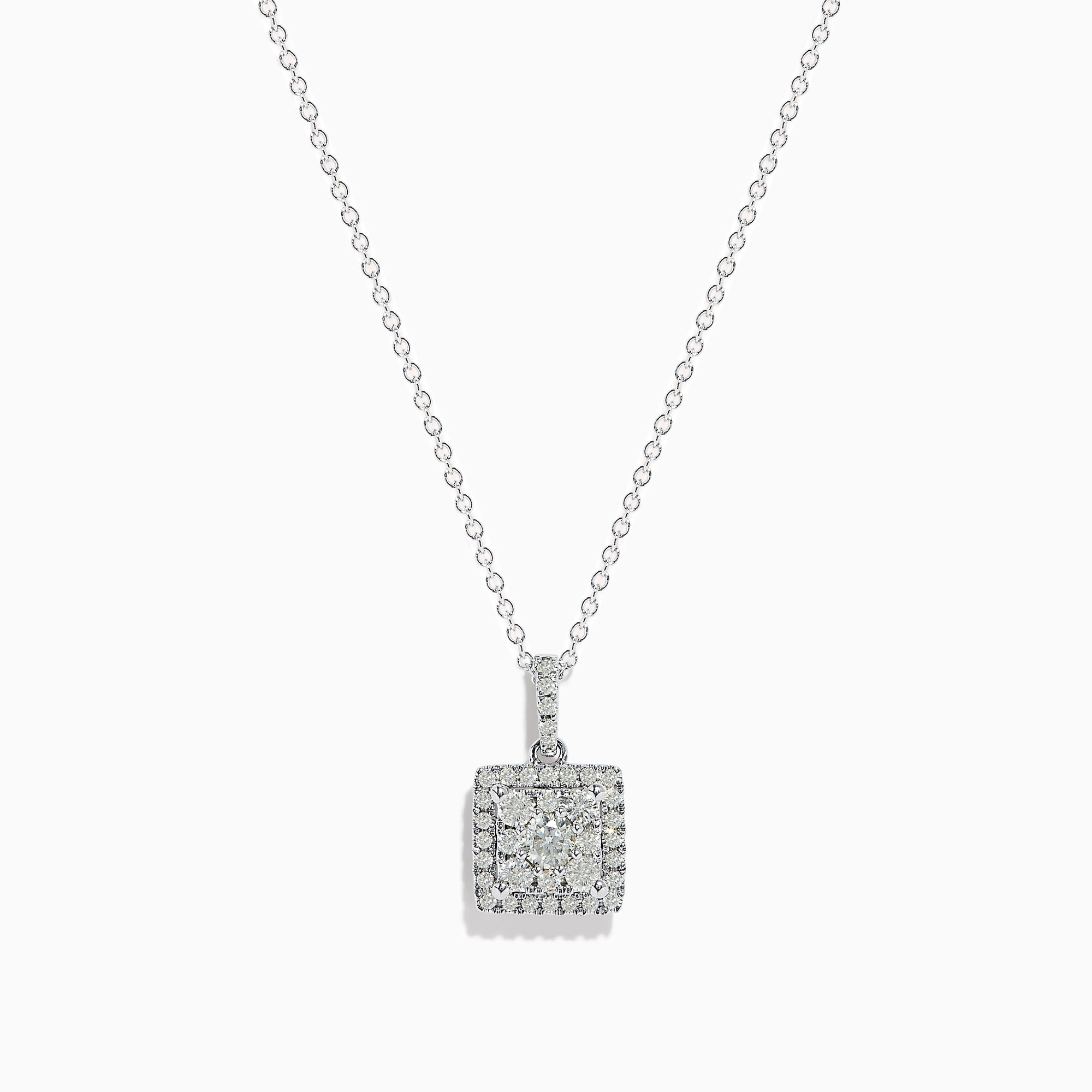 The Bouquet 14K White Gold Square Diamond Cluster Pendant (0.74 TCW) features sparkling diamonds on a silver chain, displayed against a plain white background.