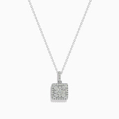 The Bouquet 14K White Gold Square Diamond Cluster Pendant (0.74 TCW) features sparkling diamonds on a silver chain, displayed against a plain white background.