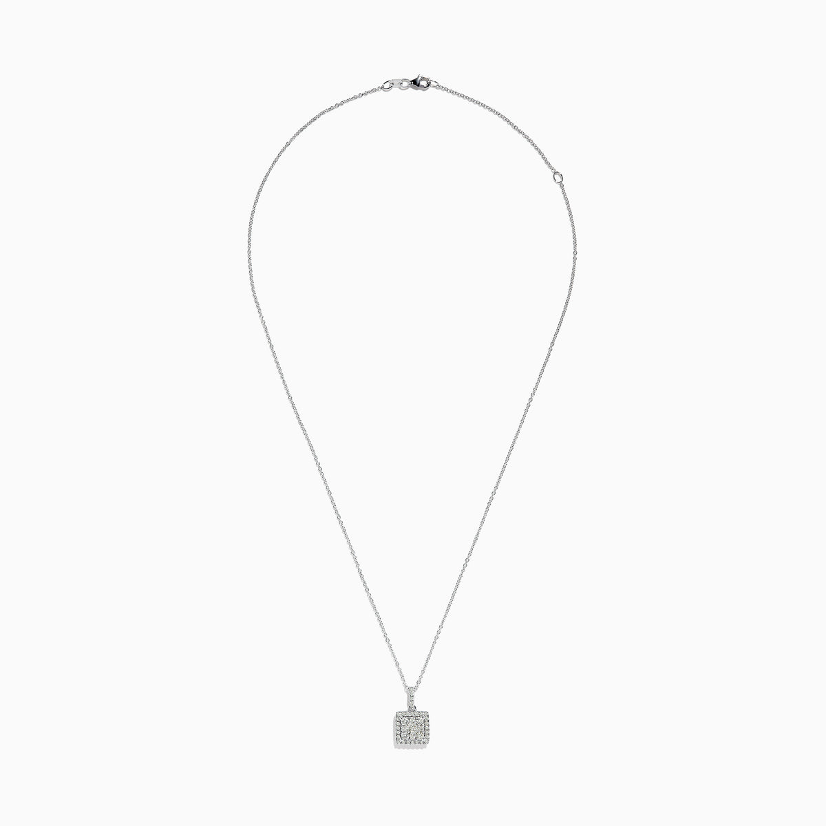 The Bouquet 14K White Gold Square Diamond Cluster Pendant (0.74 TCW) features sparkling diamonds on a silver chain, displayed against a plain white background.
