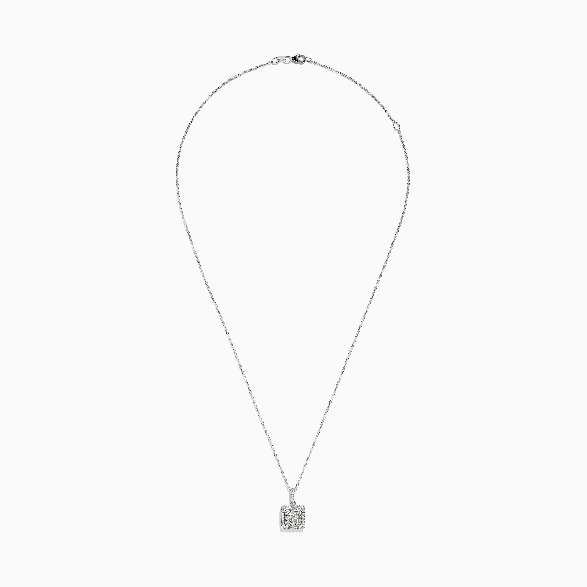The Bouquet 14K White Gold Square Diamond Cluster Pendant (0.74 TCW) features sparkling diamonds on a silver chain, displayed against a plain white background.