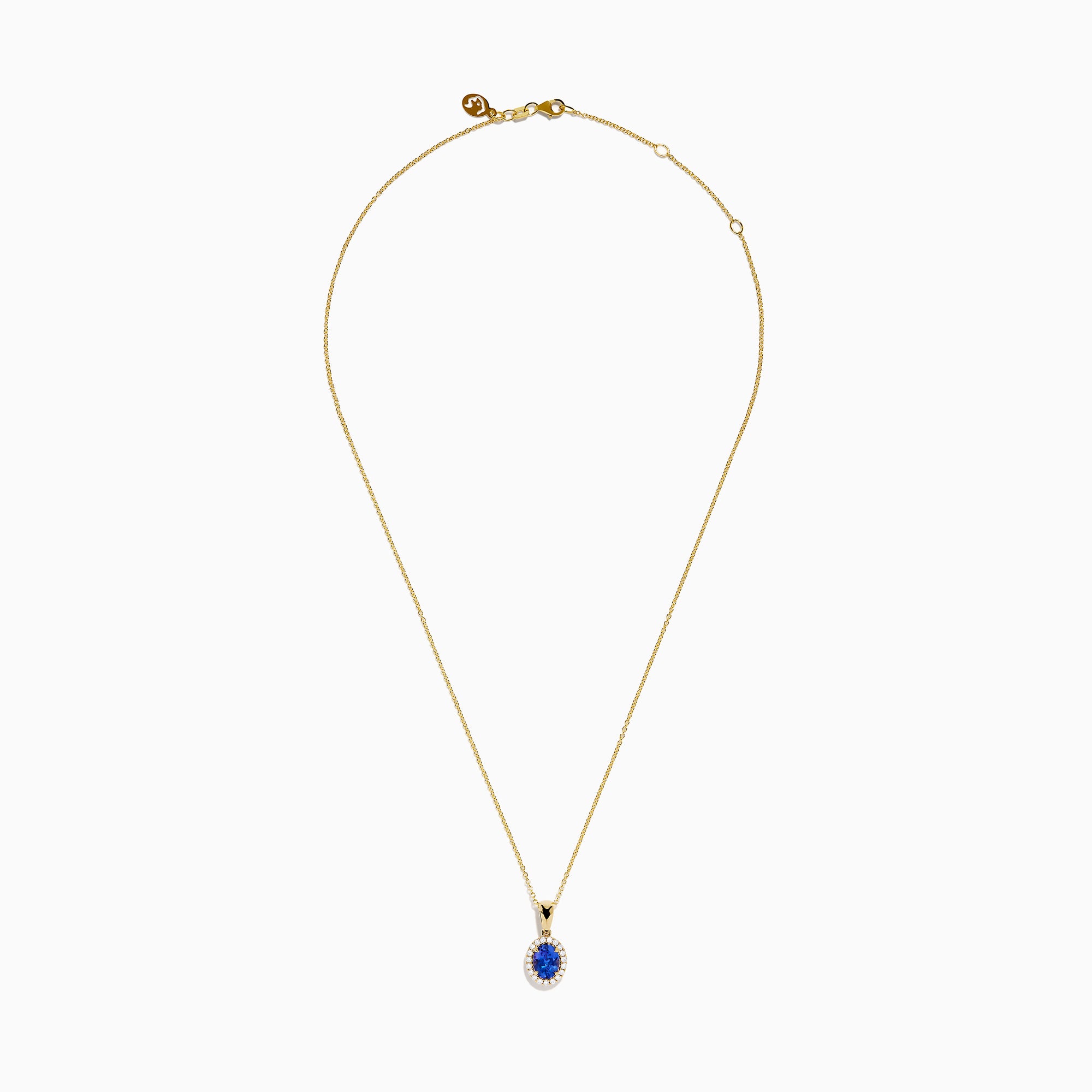 The Nahla 14K Yellow Gold Oval Tanzanite and Diamond Pendant features an oval tanzanite encircled by sparkling diamonds, displayed on a sleek yellow gold chain against a plain white background.