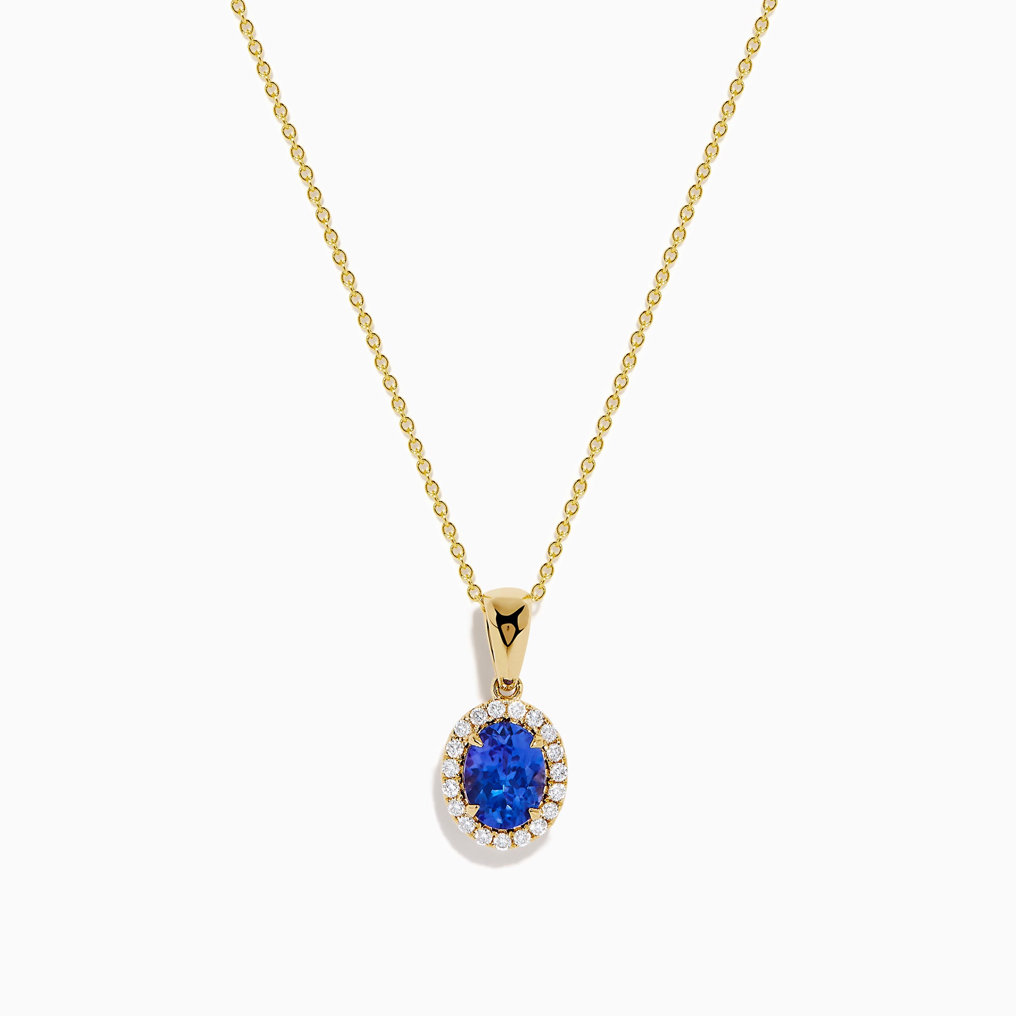 The Nahla 14K Yellow Gold Oval Tanzanite and Diamond Pendant features an oval tanzanite encircled by sparkling diamonds, displayed on a sleek yellow gold chain against a plain white background.