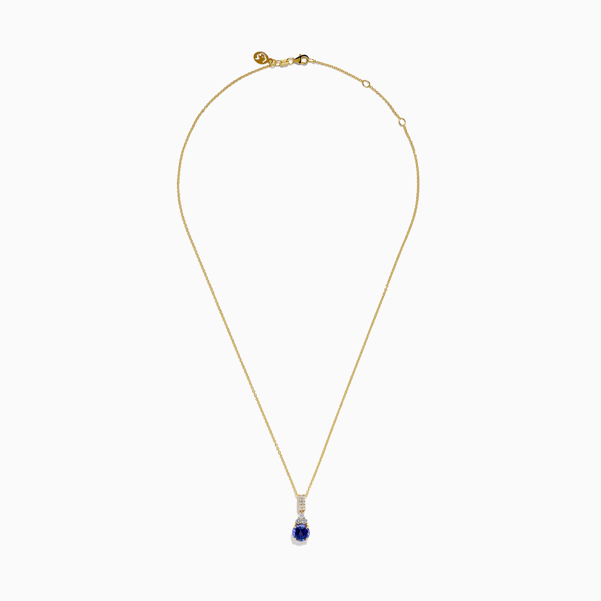 The Nahla 14K Yellow Gold Tanzanite and Diamond Pendant features a round blue tanzanite and white diamonds, set on a yellow gold chain and shown on a white background.