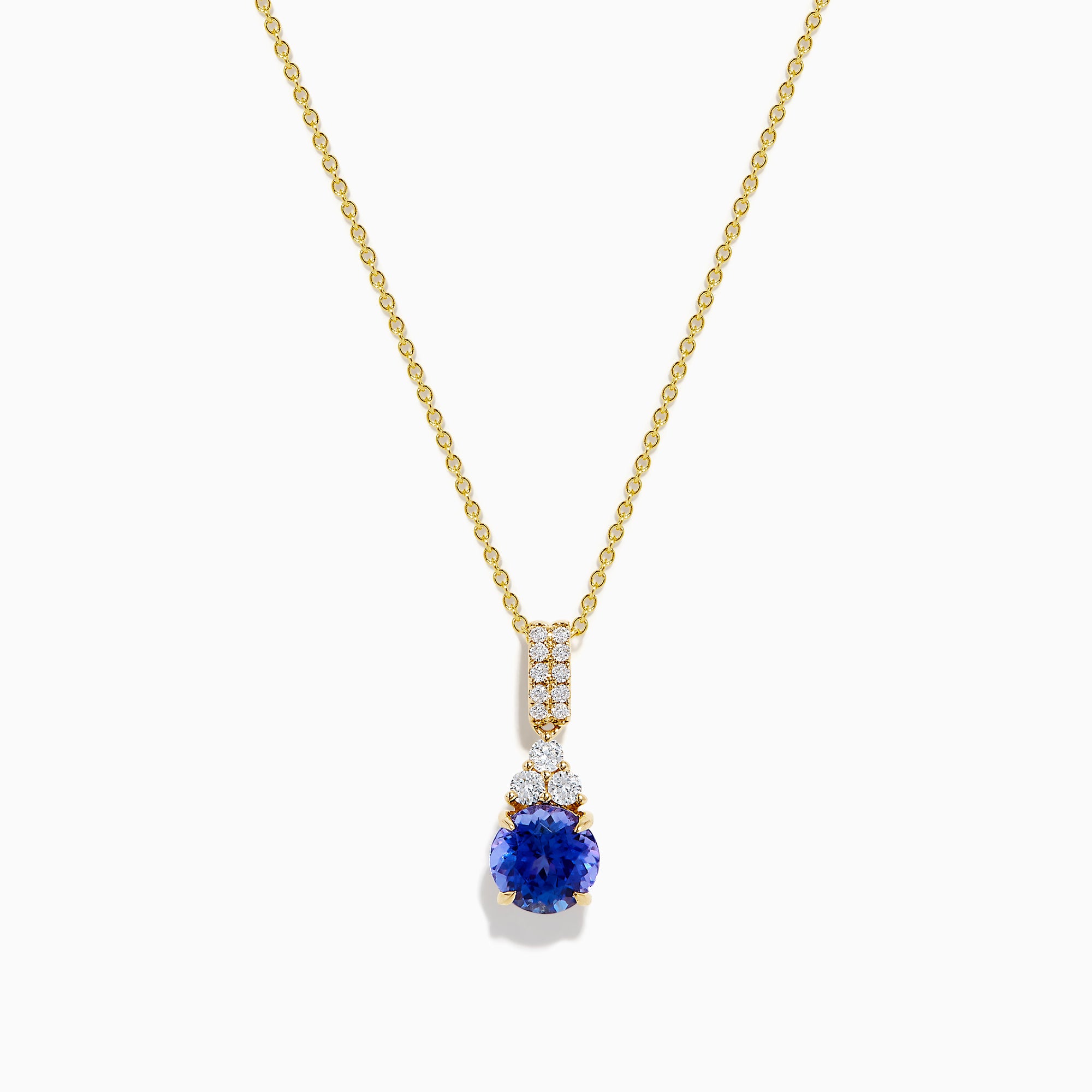 The Nahla 14K Yellow Gold Tanzanite and Diamond Pendant features a round blue tanzanite and white diamonds, set on a yellow gold chain and shown on a white background.