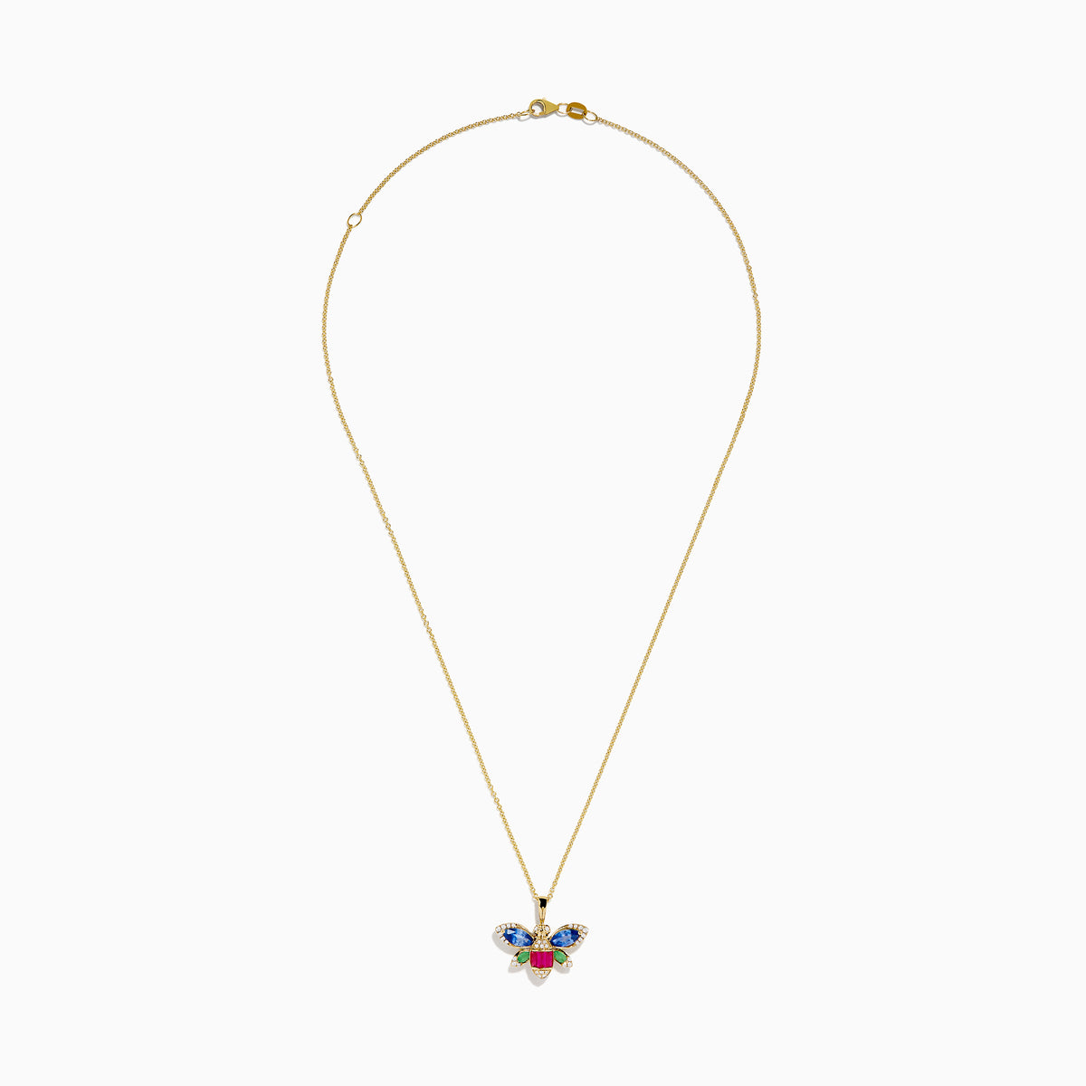 The Safari 14K Yellow Gold Dragon Fly Pendant features sapphire, emerald, ruby, and diamond gemstones on a yellow gold necklace, displayed against a white background.