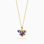 The Safari 14K Yellow Gold Dragon Fly Pendant features sapphire, emerald, ruby, and diamond gemstones on a yellow gold necklace, displayed against a white background.