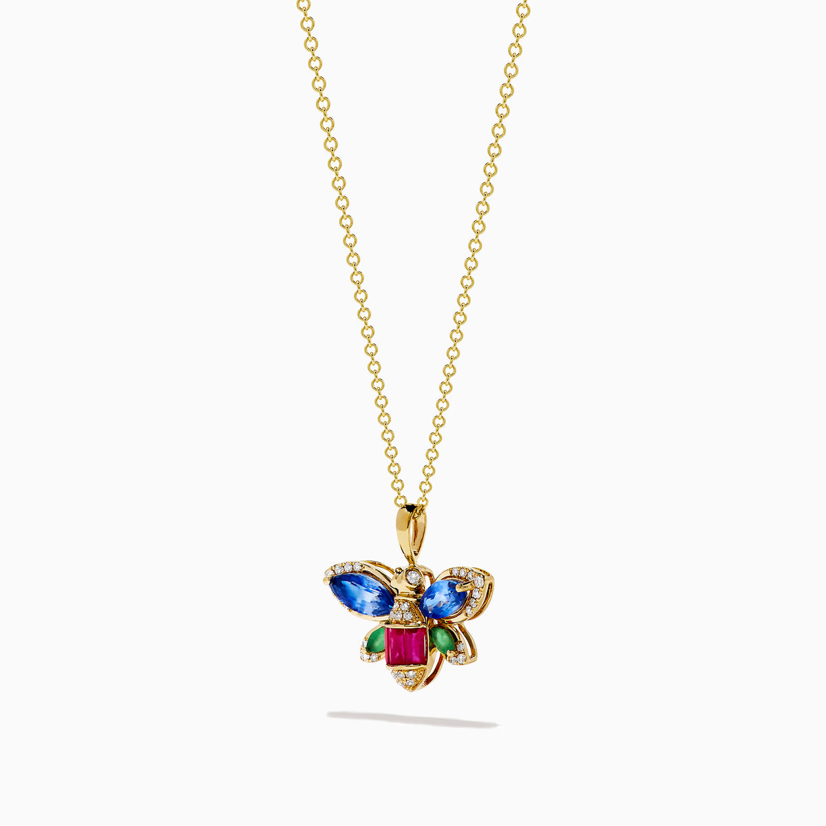 The Safari 14K Yellow Gold Dragon Fly Pendant features sapphire, emerald, ruby, and diamond gemstones on a yellow gold necklace, displayed against a white background.