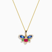 The Safari 14K Yellow Gold Dragon Fly Pendant features sapphire, emerald, ruby, and diamond gemstones on a yellow gold necklace, displayed against a white background.