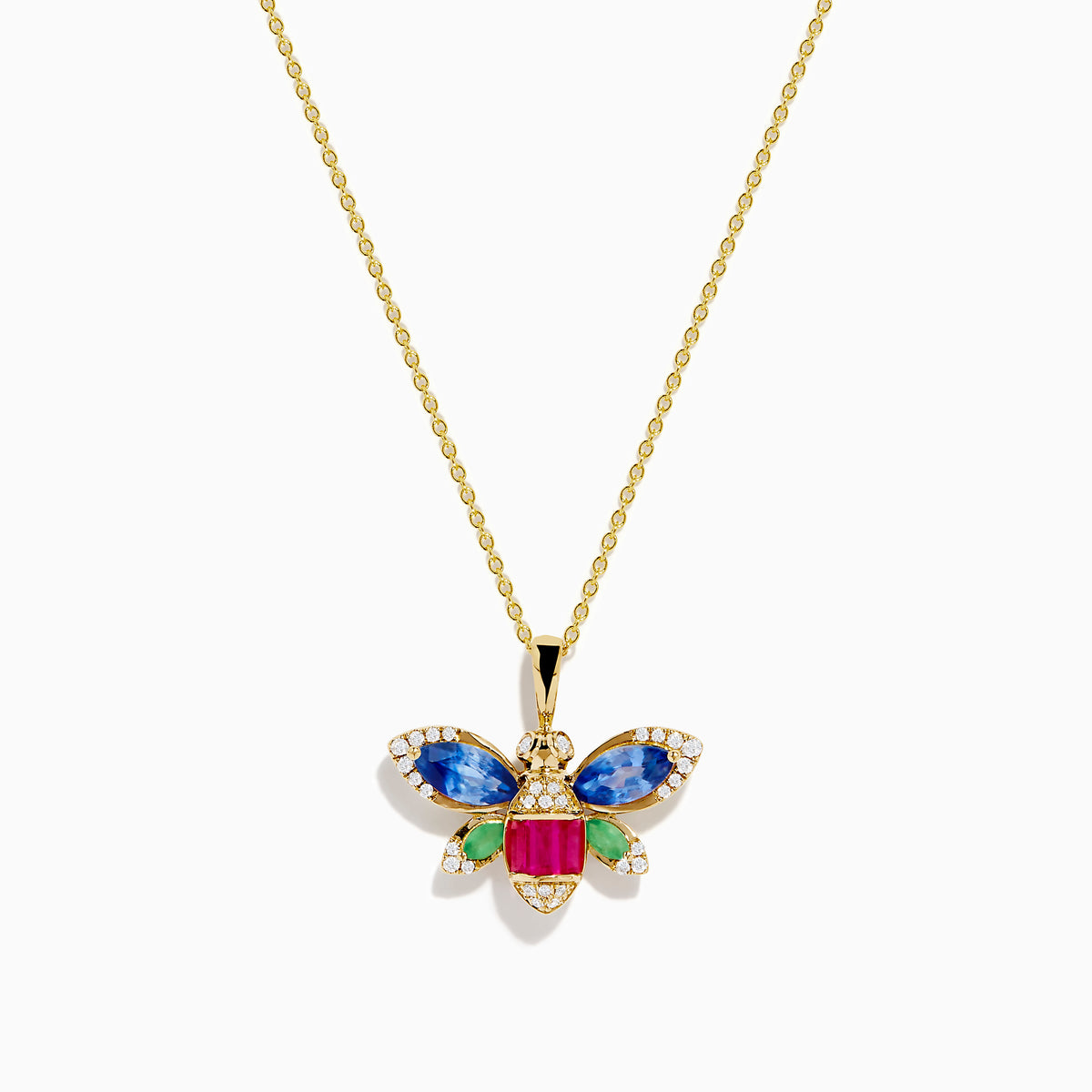 The Safari 14K Yellow Gold Dragon Fly Pendant features sapphire, emerald, ruby, and diamond gemstones on a yellow gold necklace, displayed against a white background.
