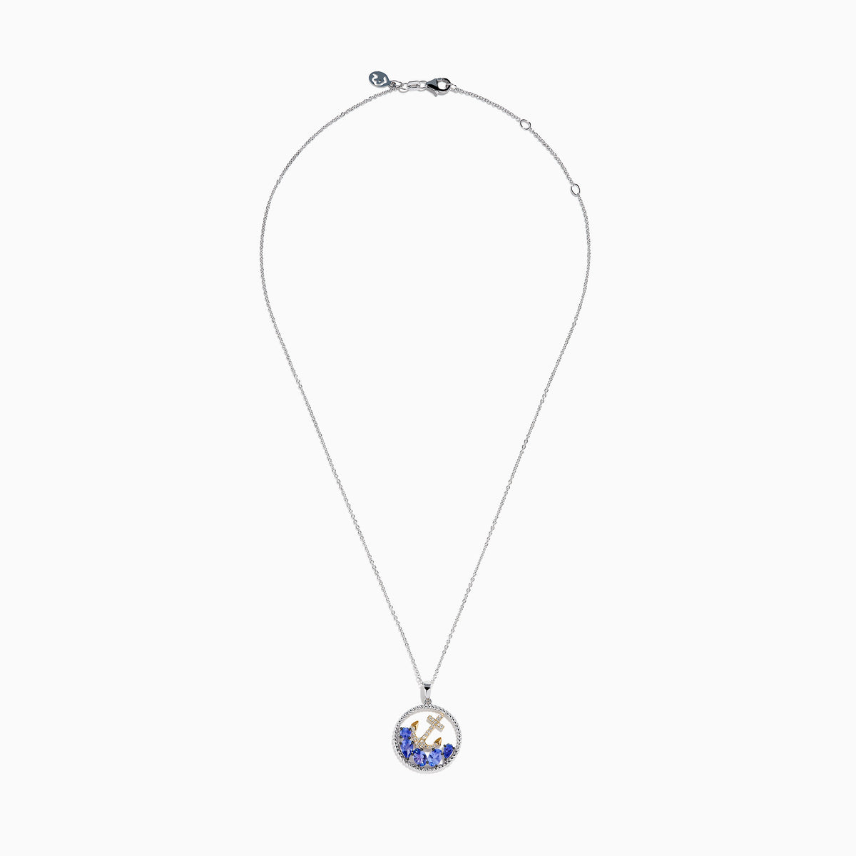 The Seaside 925 Sterling Silver & 14K Gold Tanzanite & Diamond Anchor Pendant features a round anchor pendant accented with dazzling diamonds and vibrant tanzanite gemstones, crafted in sterling silver and gold.