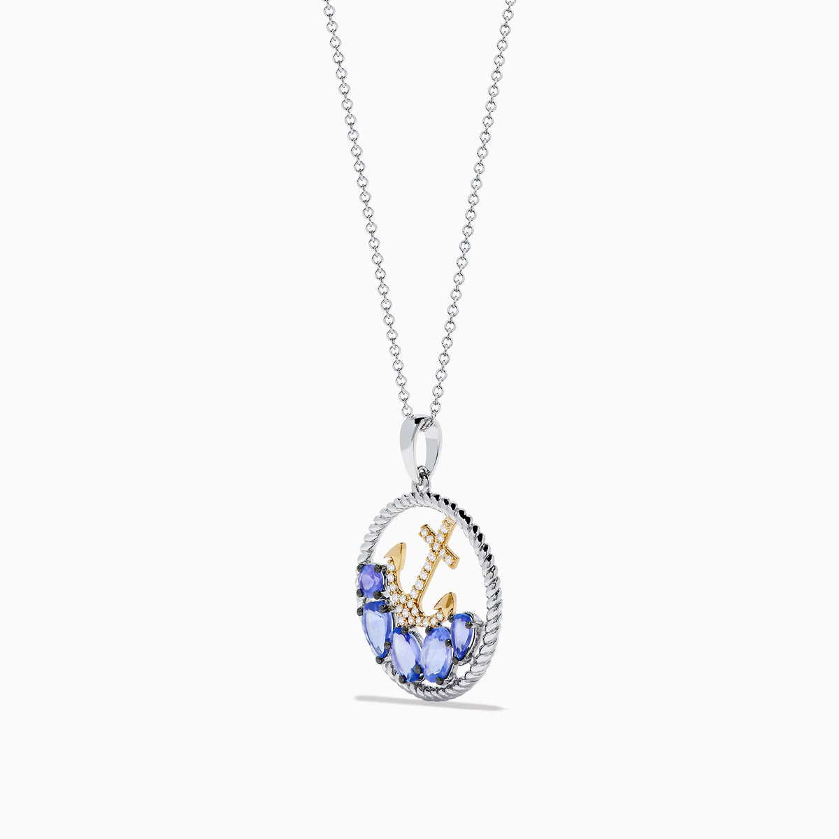 The Seaside 925 Sterling Silver & 14K Gold Tanzanite & Diamond Anchor Pendant features a round anchor pendant accented with dazzling diamonds and vibrant tanzanite gemstones, crafted in sterling silver and gold.