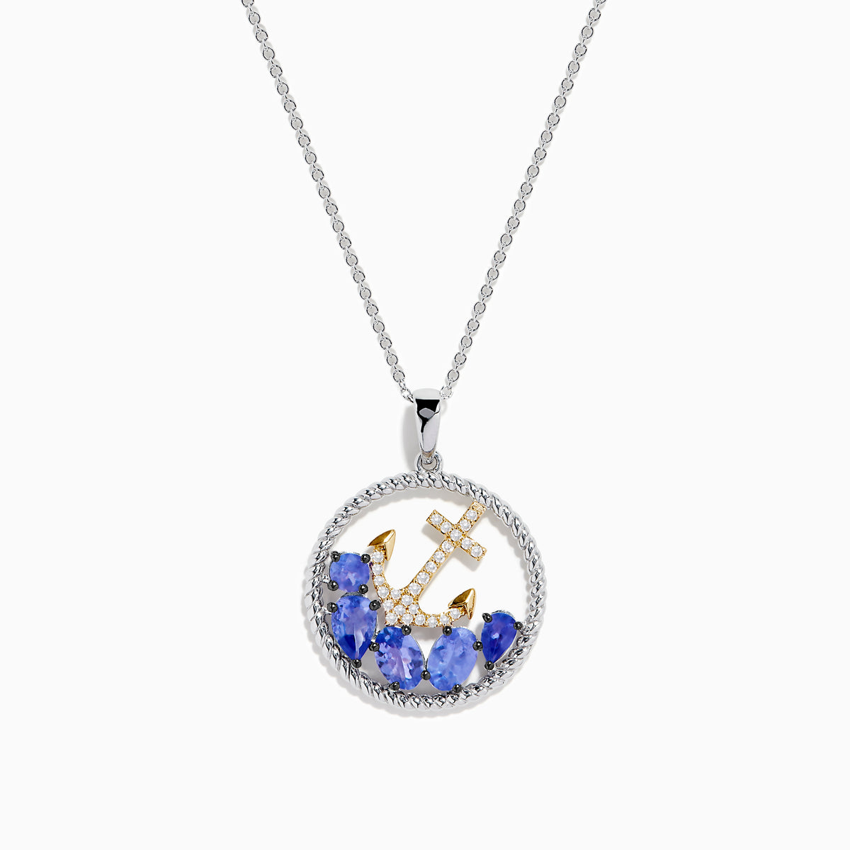 The Seaside 925 Sterling Silver & 14K Gold Tanzanite & Diamond Anchor Pendant features a round anchor pendant accented with dazzling diamonds and vibrant tanzanite gemstones, crafted in sterling silver and gold.