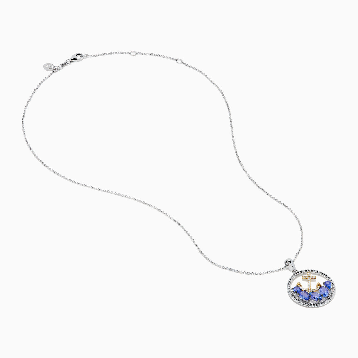 The Seaside 925 Sterling Silver & 14K Gold Tanzanite & Diamond Anchor Pendant features a round anchor pendant accented with dazzling diamonds and vibrant tanzanite gemstones, crafted in sterling silver and gold.