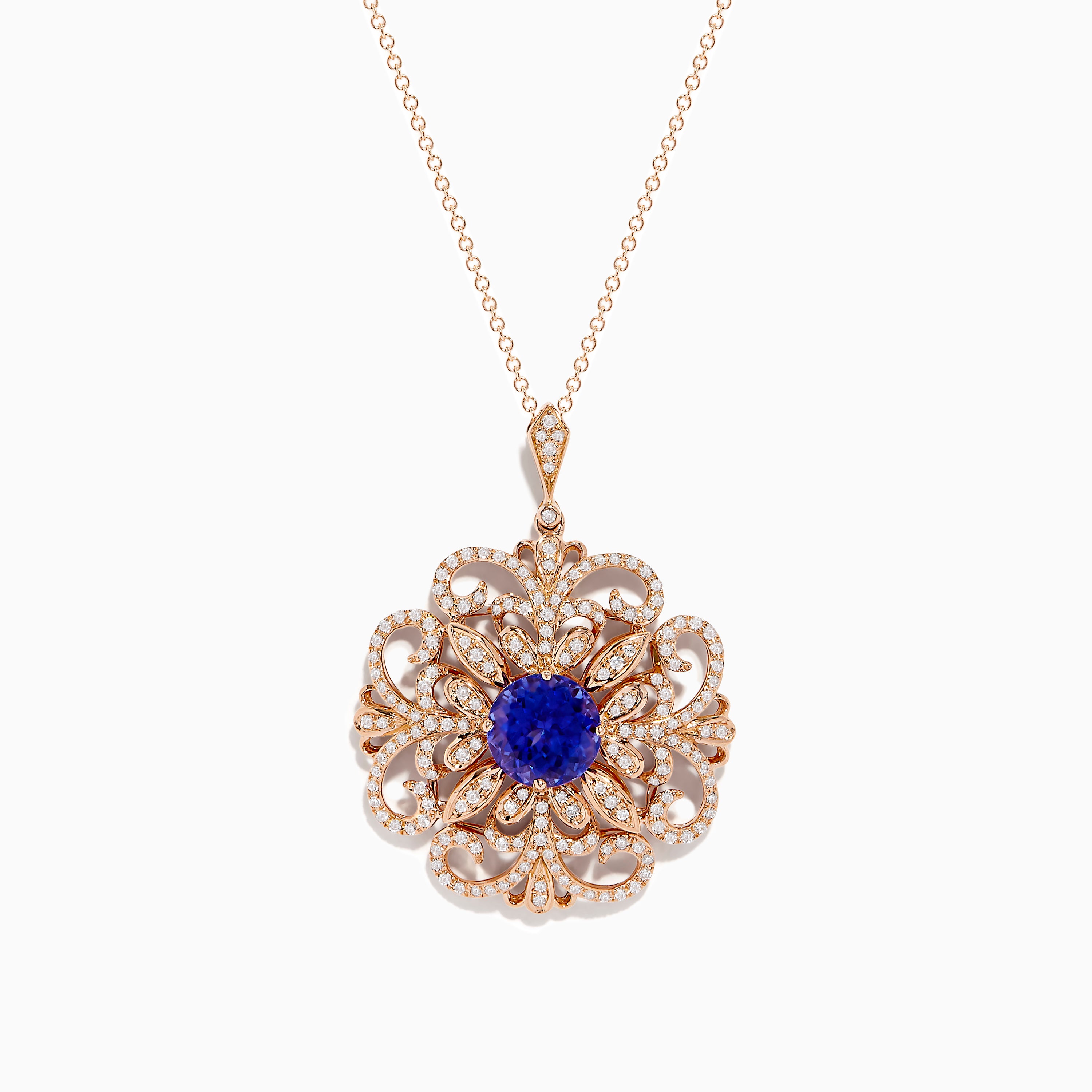 14K Rose Gold Tanzanite and Diamond Filigree Pendant