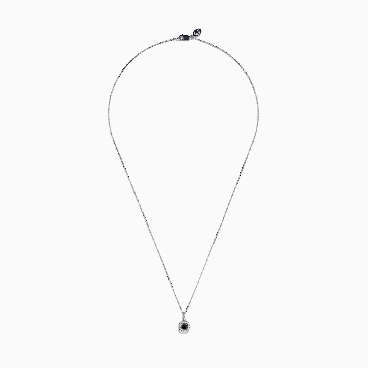 The 14K White Gold Black and White Diamond Halo Pendant features a central black diamond encircled by a halo of white diamonds, shown against a plain white background.