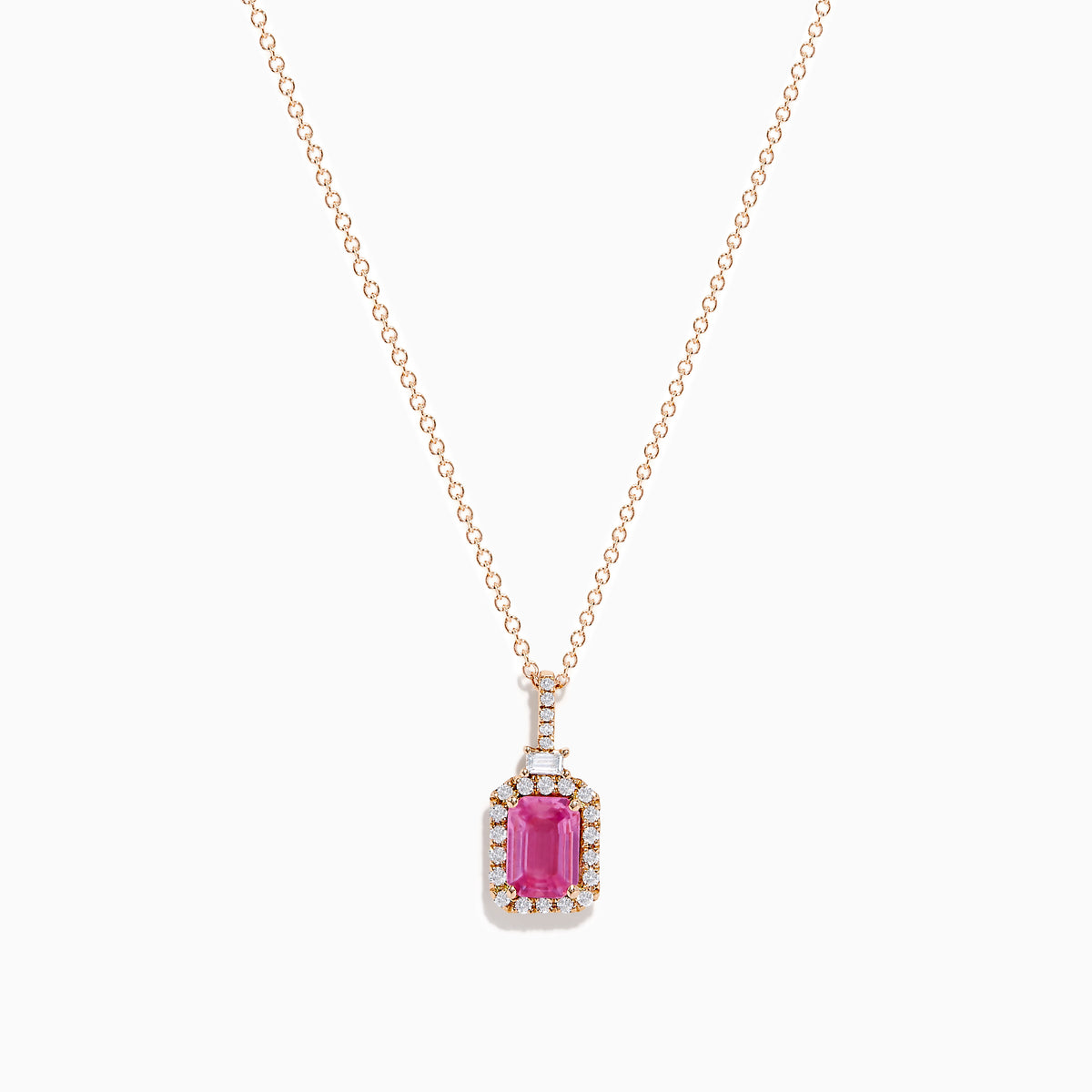 The 14K Rose Gold Pink Sapphire and Diamond Pendant features a rectangular pink sapphire, surrounded by diamonds, suspended from a delicate 14K rose gold chain against a white background.