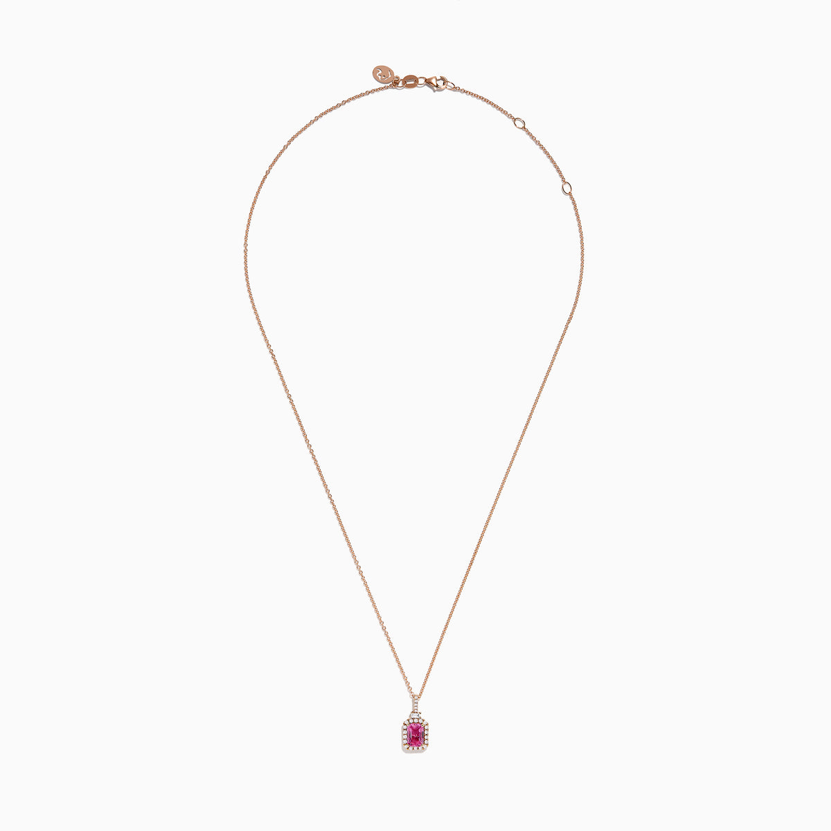The 14K Rose Gold Pink Sapphire and Diamond Pendant features a rectangular pink sapphire, surrounded by diamonds, suspended from a delicate 14K rose gold chain against a white background.