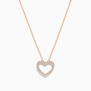 The Novelty 14K Rose Gold Diamond Heart Pendant features an open heart-shaped pendant with sparkling white stones on a delicate rose gold chain, shown on a plain white background.