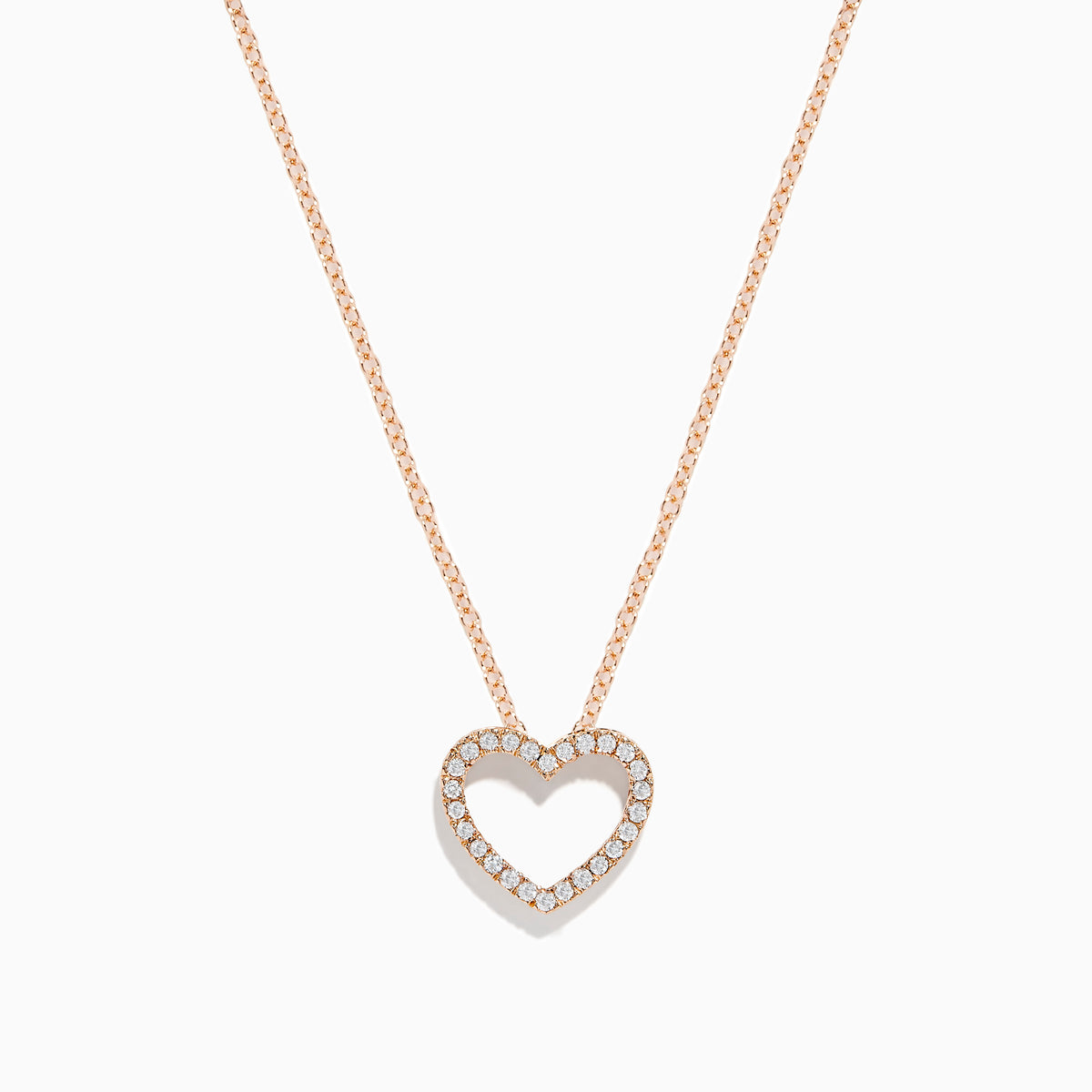 The Novelty 14K Rose Gold Diamond Heart Pendant features an open heart-shaped pendant with sparkling white stones on a delicate rose gold chain, shown on a plain white background.