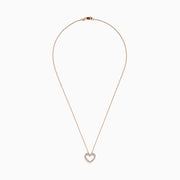 The Novelty 14K Rose Gold Diamond Heart Pendant features an open heart-shaped pendant with sparkling white stones on a delicate rose gold chain, shown on a plain white background.