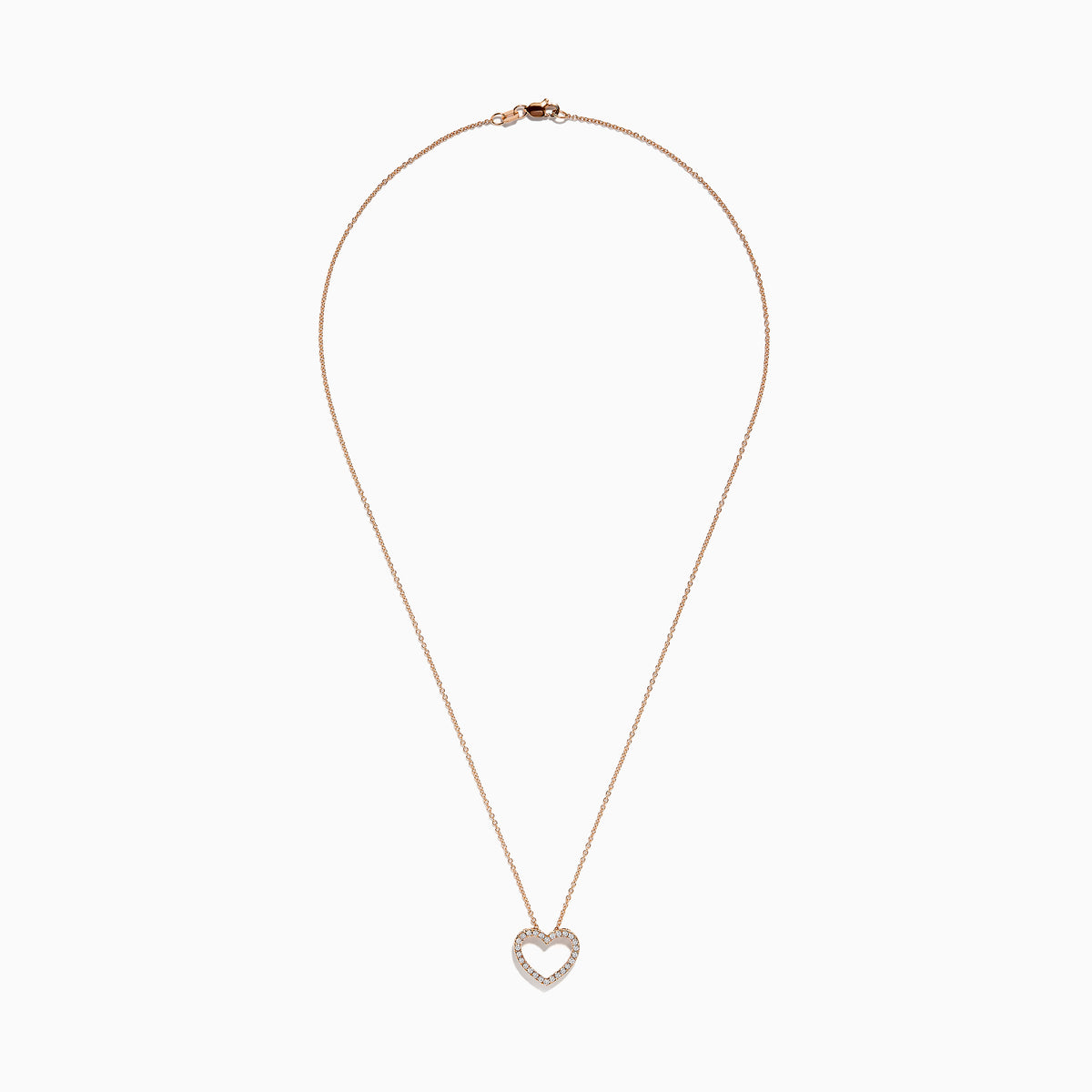 The Novelty 14K Rose Gold Diamond Heart Pendant features an open heart-shaped pendant with sparkling white stones on a delicate rose gold chain, shown on a plain white background.