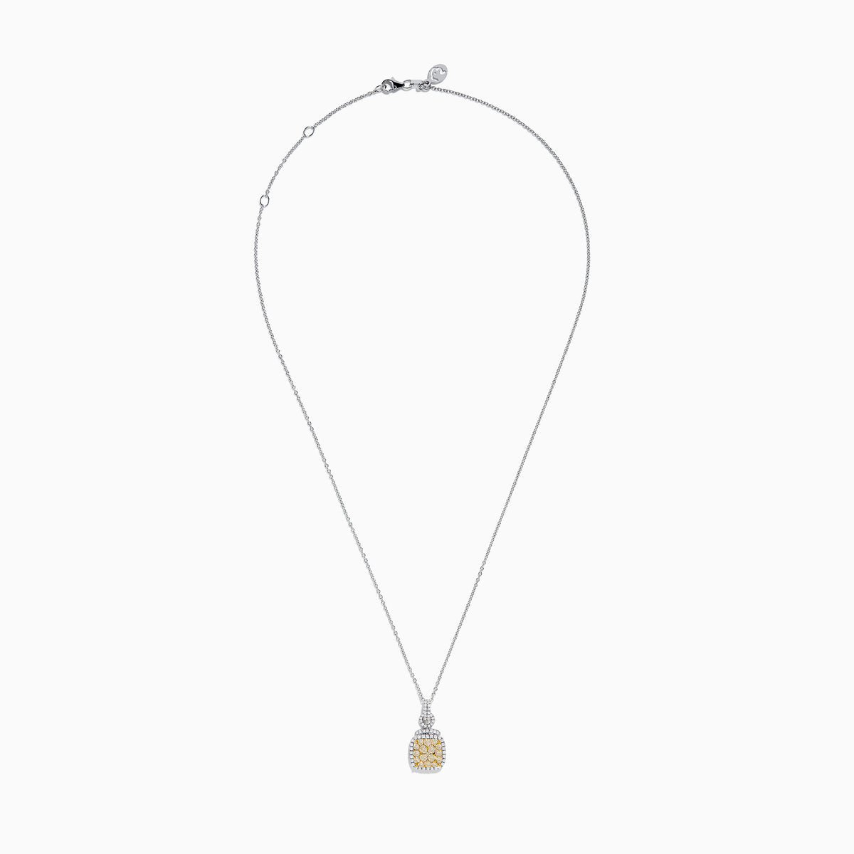 The 14K Two Tone Gold White and Yellow Diamond Cluster Pendant features a square of yellow gemstones framed by white gemstones on a delicate chain.