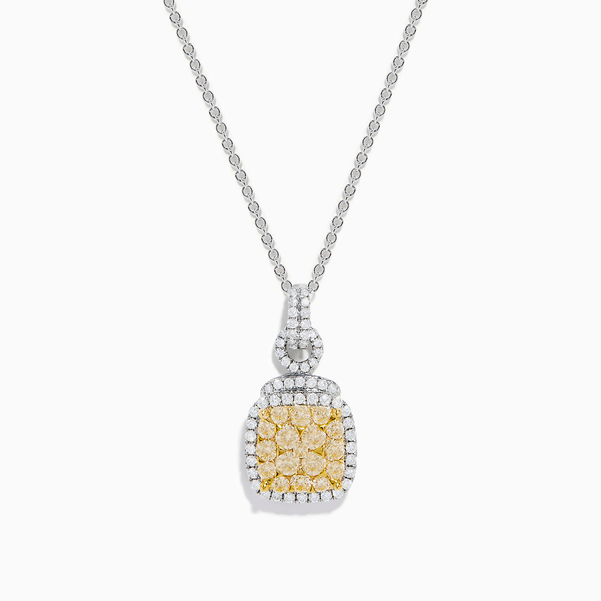 The 14K Two Tone Gold White and Yellow Diamond Cluster Pendant features a square of yellow gemstones framed by white gemstones on a delicate chain.