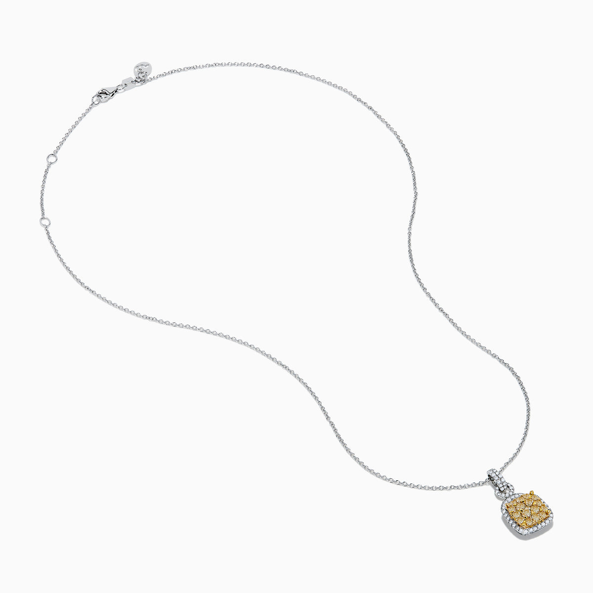 The 14K Two Tone Gold White and Yellow Diamond Cluster Pendant features a square of yellow gemstones framed by white gemstones on a delicate chain.