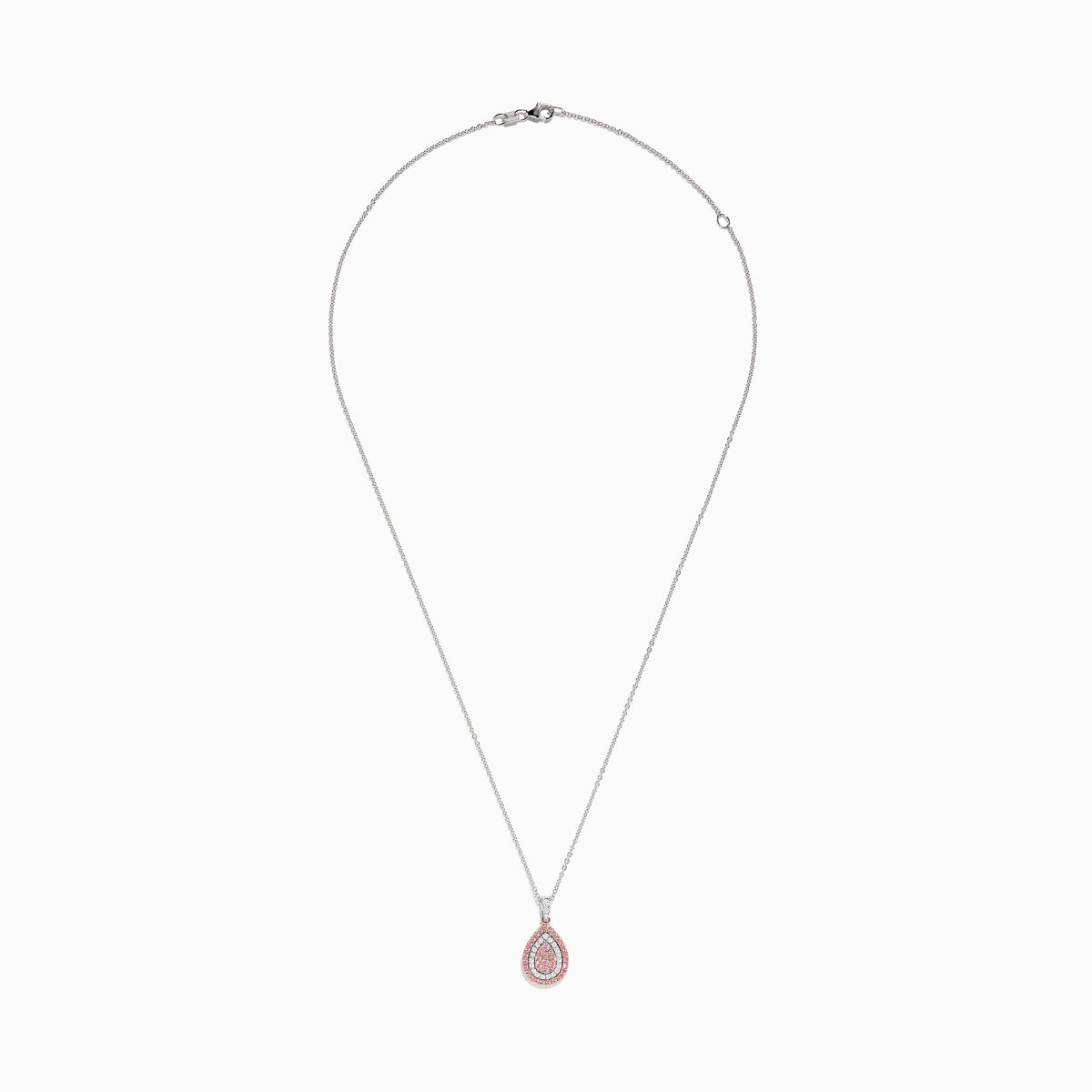 The 14K Two Tone Gold Pink and White Diamond Pendant features a teardrop design with concentric pink and white diamonds, accented by three white stones linking the pendant to the chain.