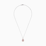 The 14K Two Tone Gold Pink and White Diamond Pendant features a teardrop design with concentric pink and white diamonds, accented by three white stones linking the pendant to the chain.