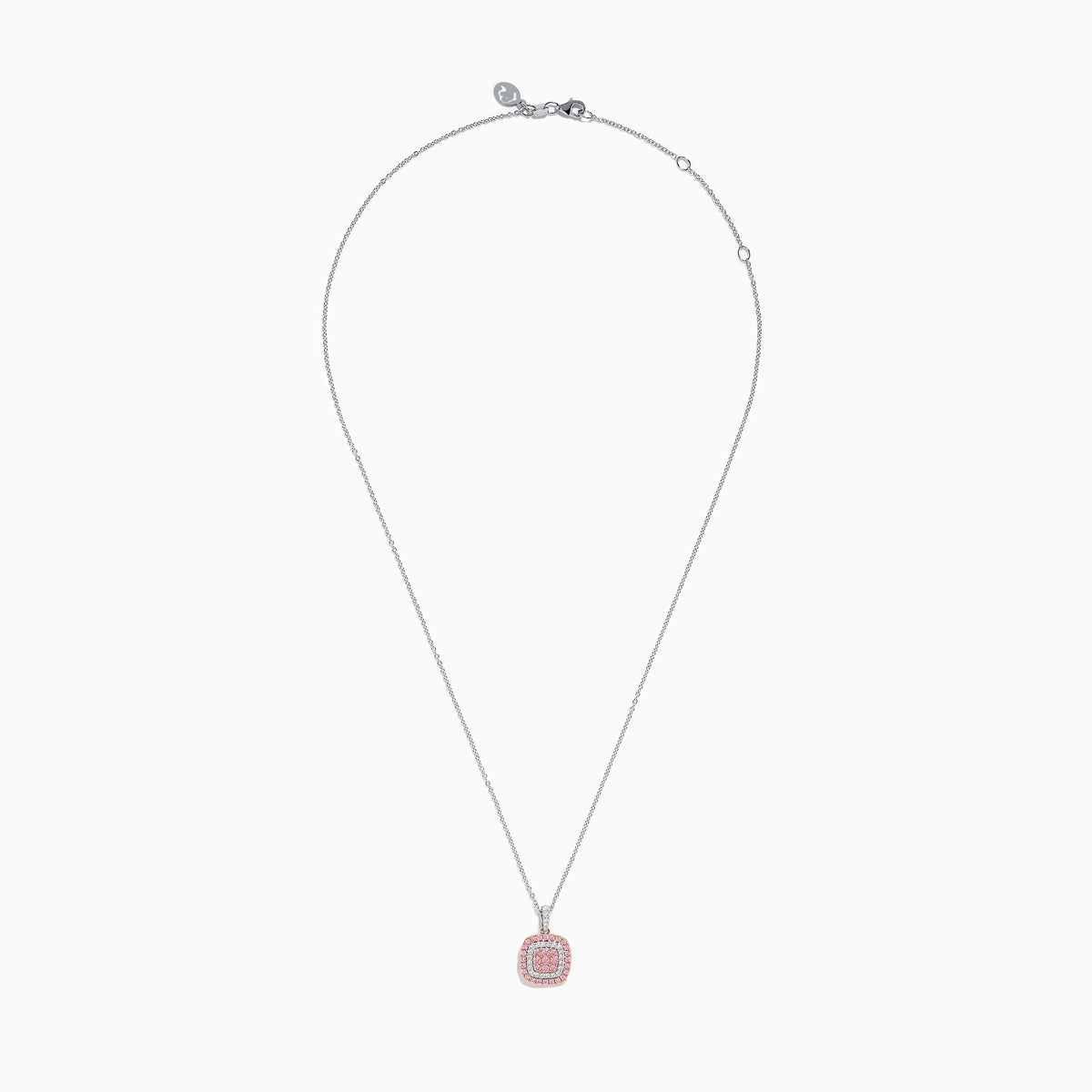 The 14K Two Tone Gold White and Pink Diamond Pendant features a square design with concentric white and pink diamonds, suspended from a delicate chain, shown against a white background.