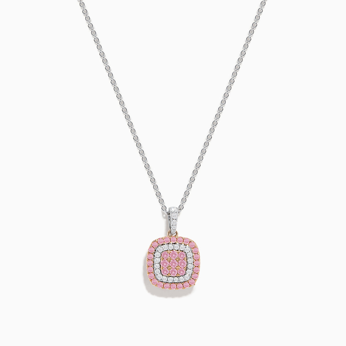 The 14K Two Tone Gold White and Pink Diamond Pendant features a square design with concentric white and pink diamonds, suspended from a delicate chain, shown against a white background.