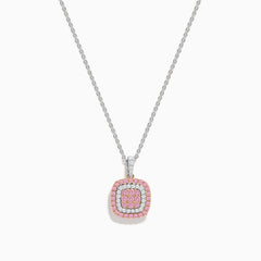 The 14K Two Tone Gold White and Pink Diamond Pendant features a square design with concentric white and pink diamonds, suspended from a delicate chain, shown against a white background.