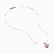 The 14K Two Tone Gold White and Pink Diamond Pendant features a square design with concentric white and pink diamonds, suspended from a delicate chain, shown against a white background.