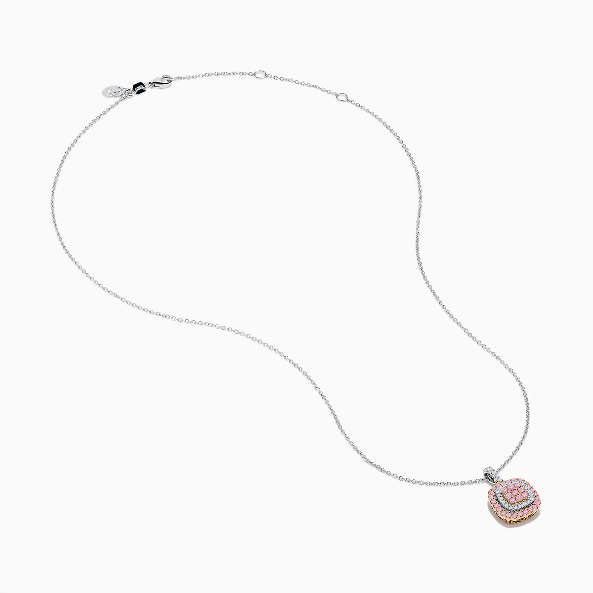 The 14K Two Tone Gold White and Pink Diamond Pendant features a square design with concentric white and pink diamonds, suspended from a delicate chain, shown against a white background.